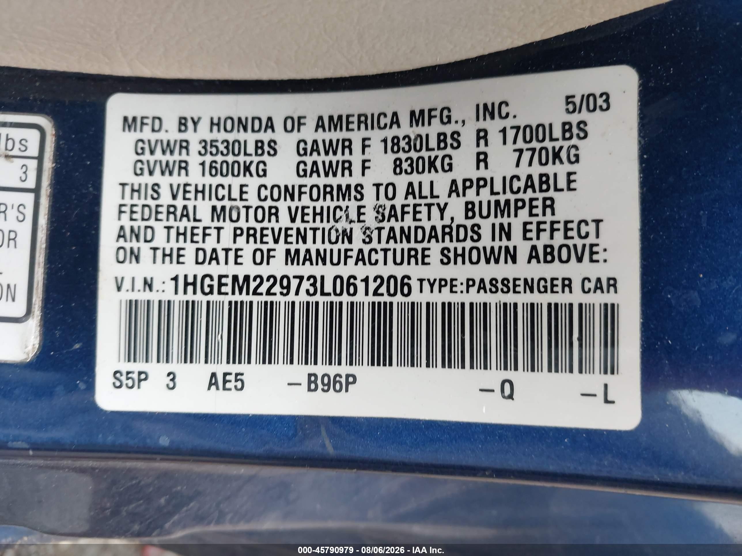 2003 Honda Civic Ex Blue vin: 1HGEM22973L061206