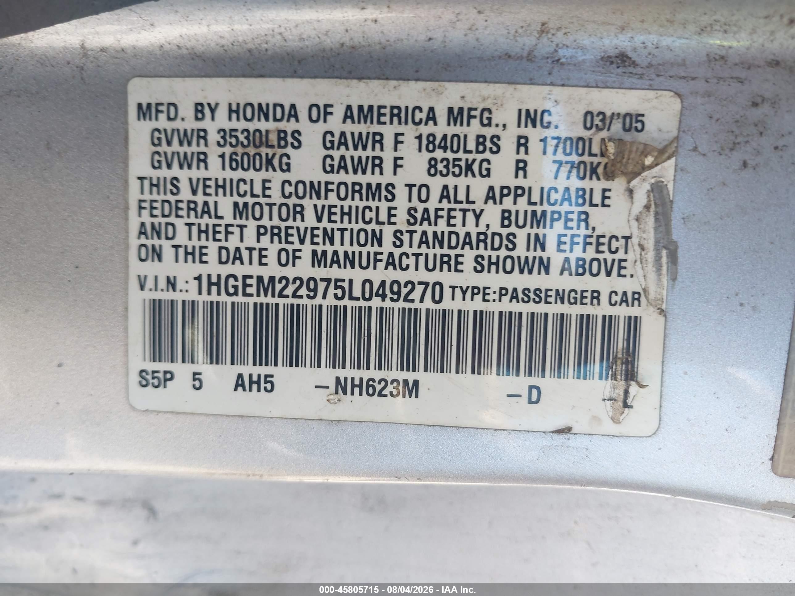 2005 Honda Civic Ex Silver vin: 1HGEM22975L049270