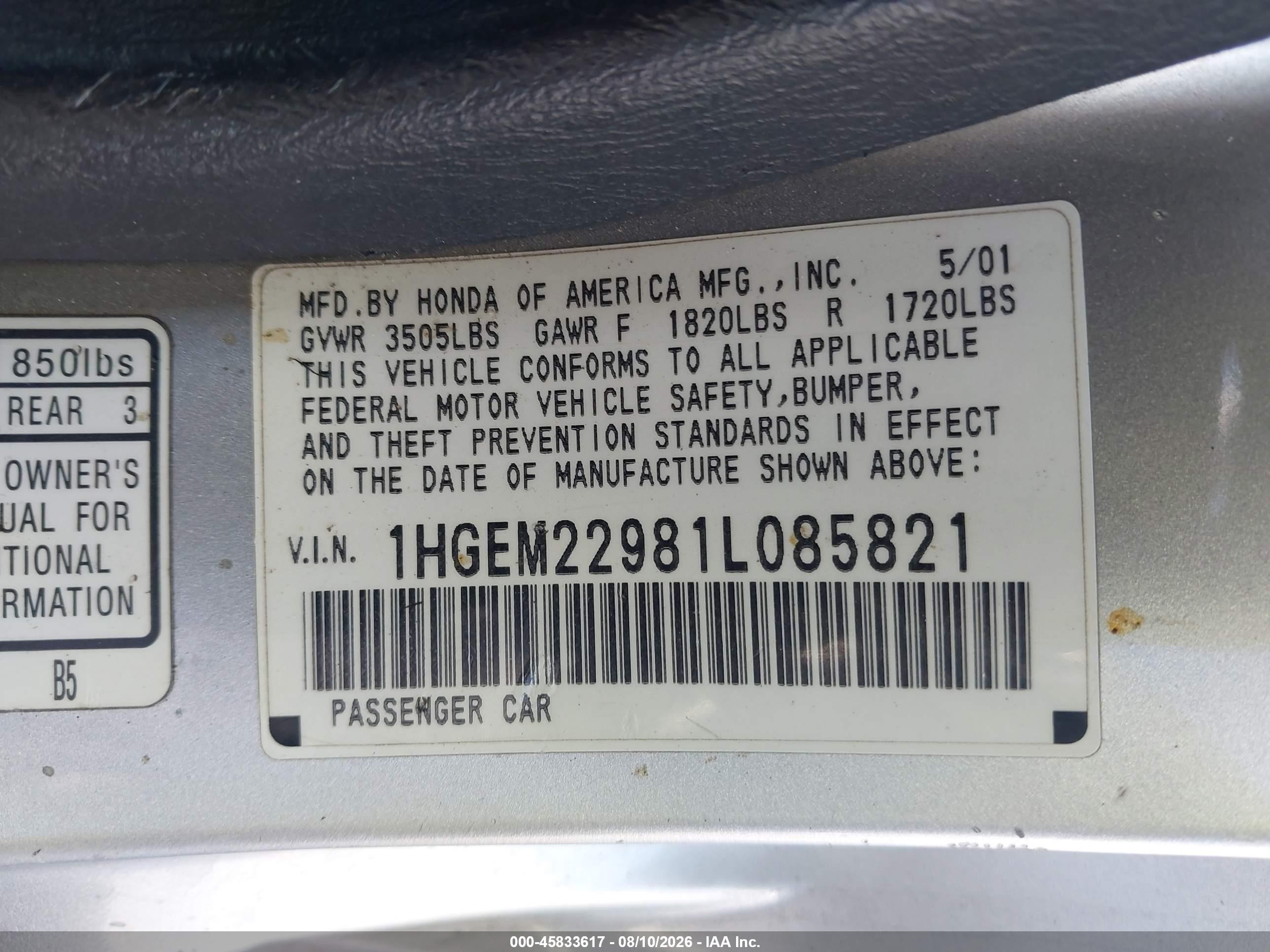 2001 Honda Civic Ex Gray vin: 1HGEM22981L085821