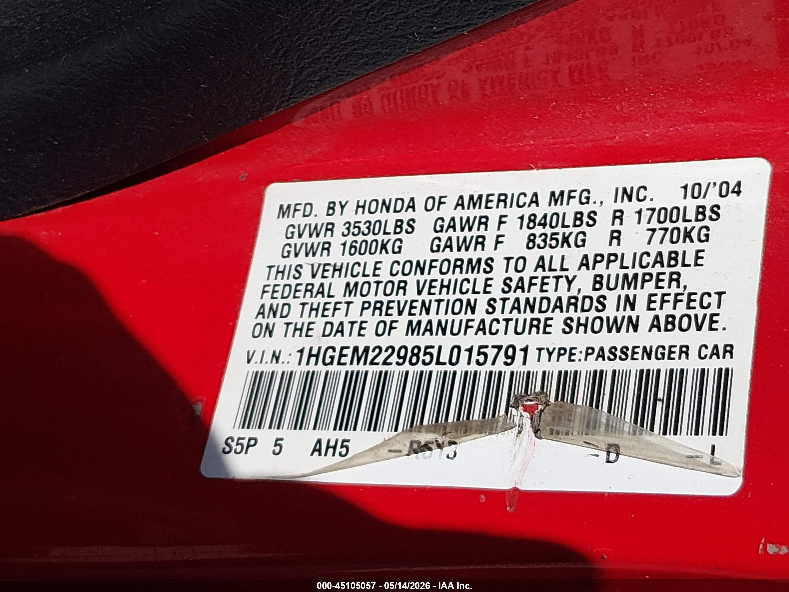 2005 Honda Civic Ex Red vin: 1HGEM22985L015791