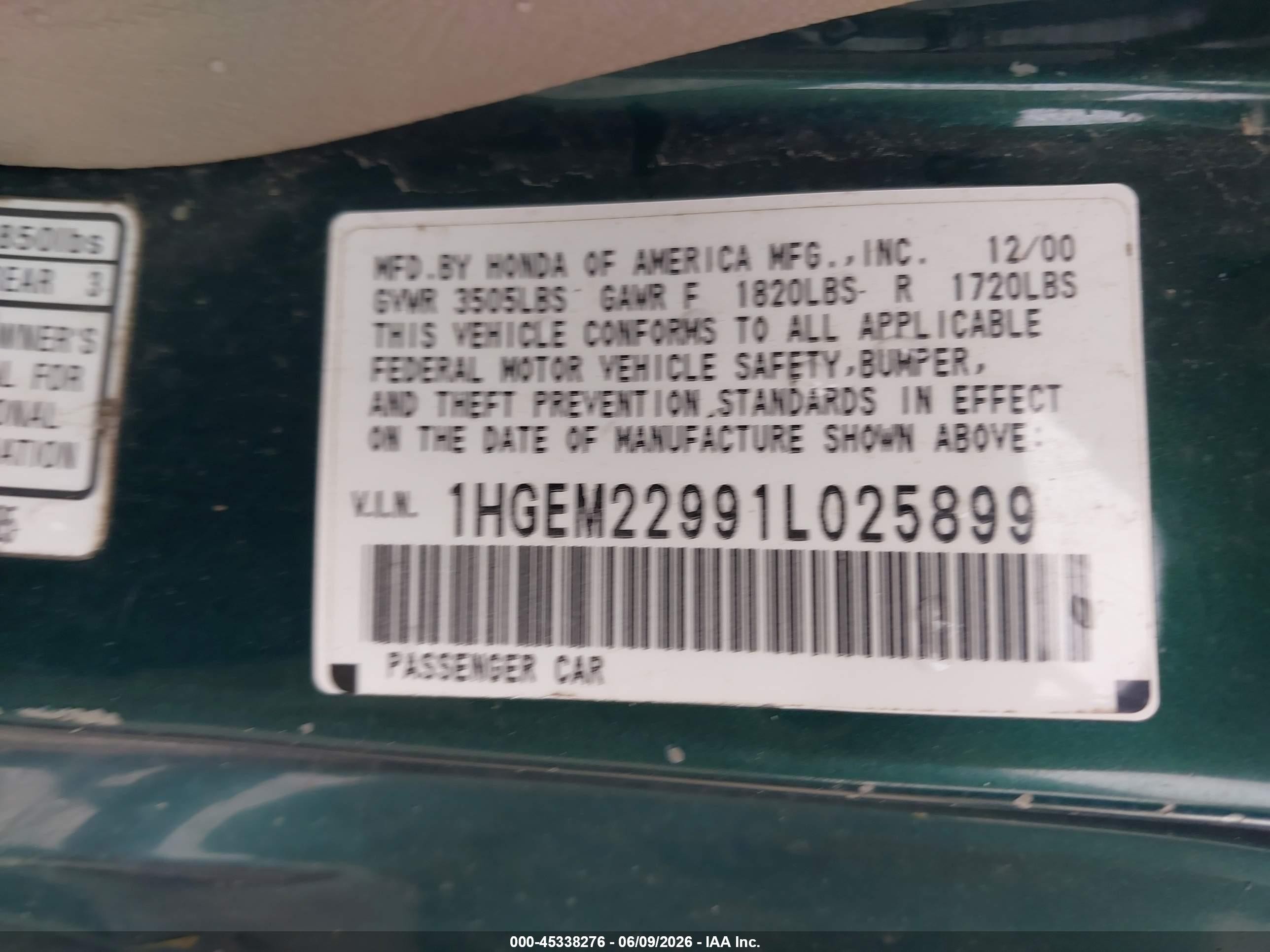 2001 Honda Civic Ex Green vin: 1HGEM22991L025899