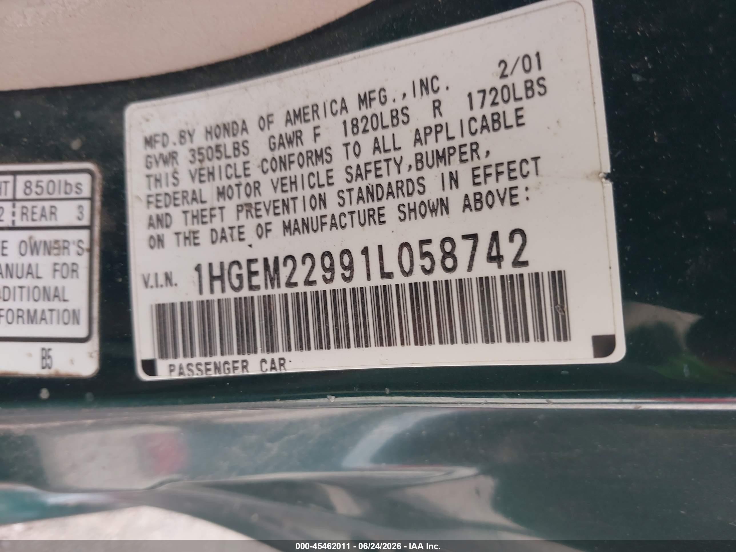 2001 Honda Civic Ex Зеленый vin: 1HGEM22991L058742