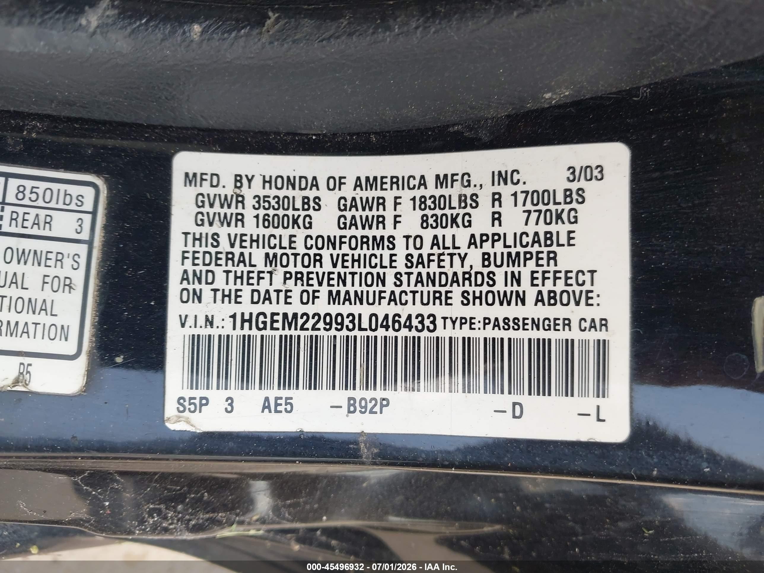 2003 Honda Civic Ex Black vin: 1HGEM22993L046433