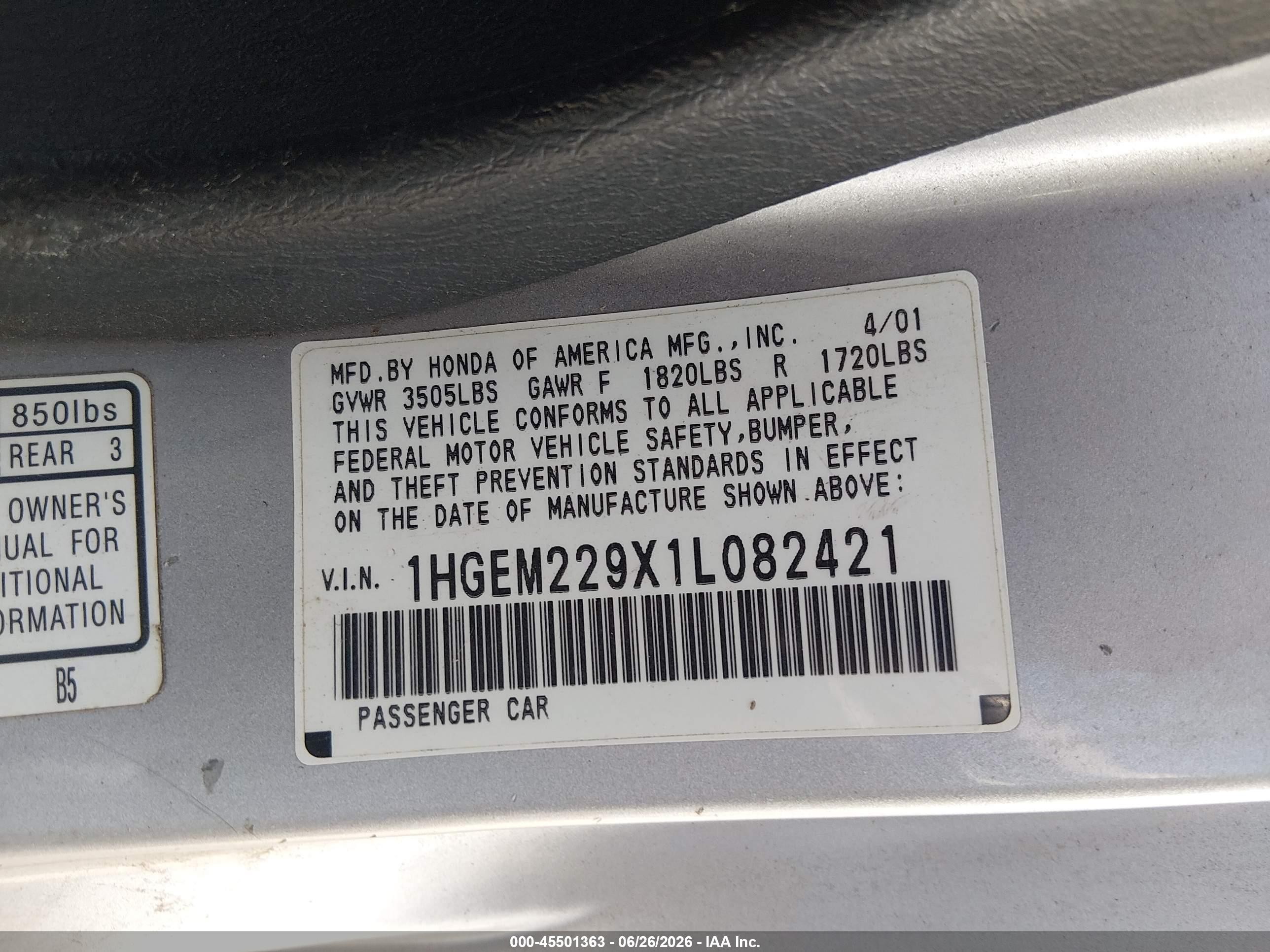 2001 Honda Civic Ex Silver vin: 1HGEM229X1L082421