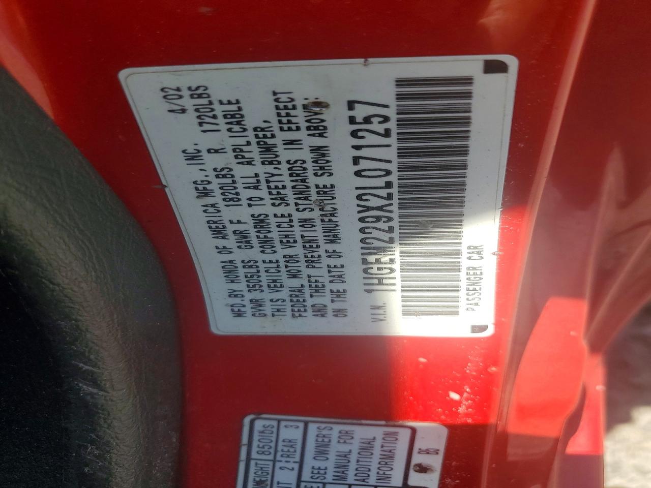 2002 Honda Civic Ex Red vin: 1HGEM229X2L071257