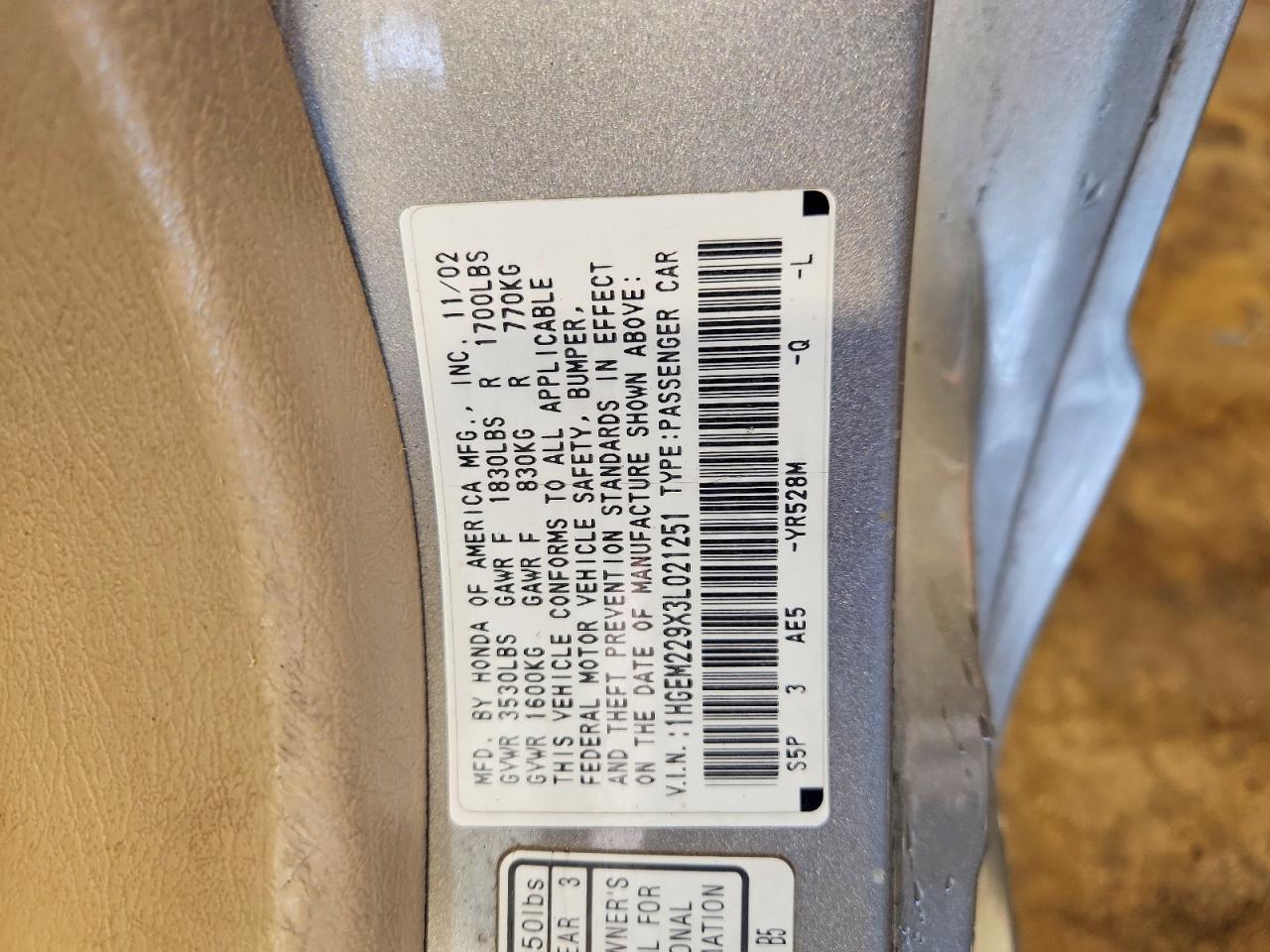 2003 Honda Civic Ex Tan vin: 1HGEM229X3L021251