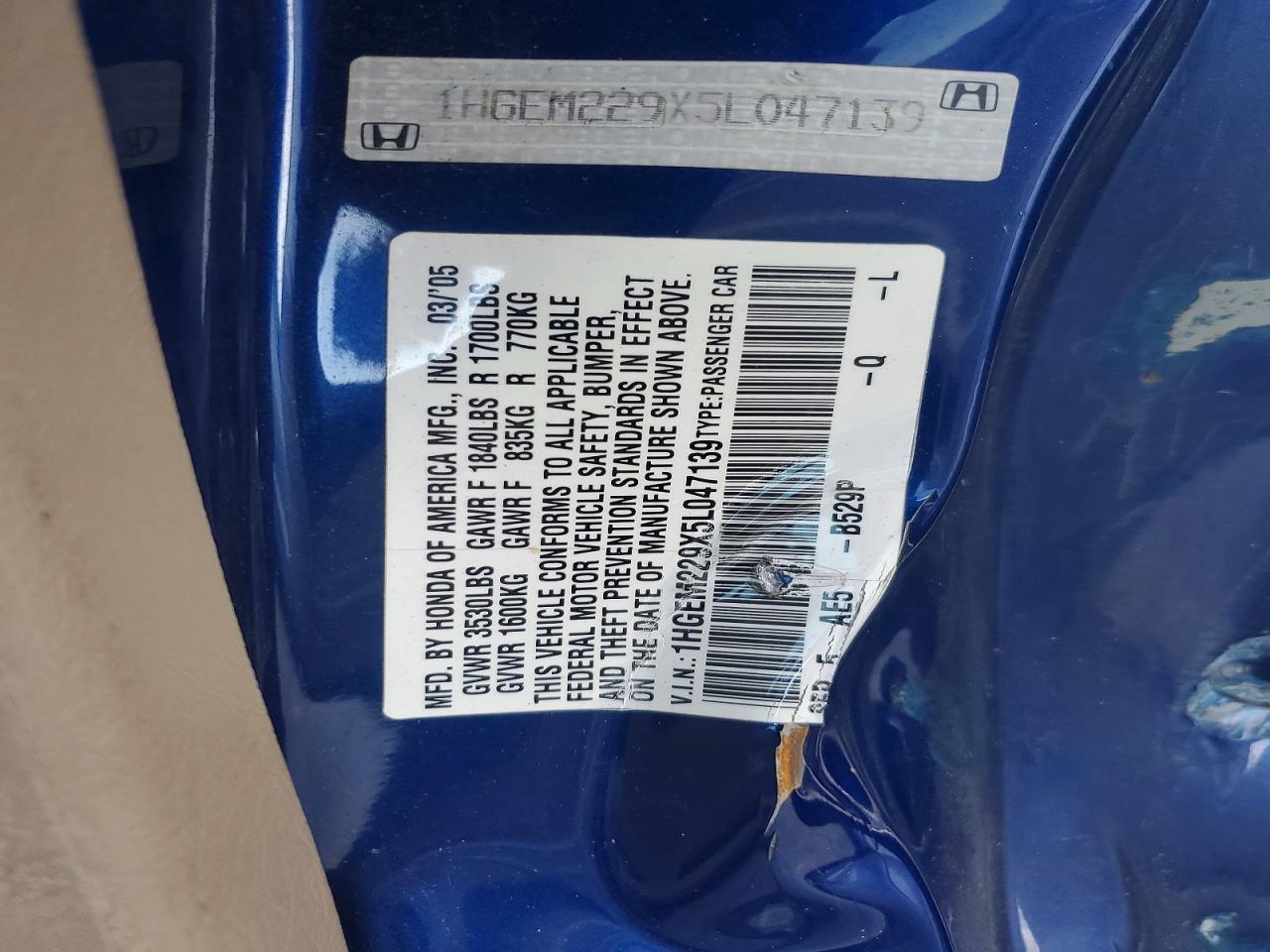 2005 Honda Civic Ex Blue vin: 1HGEM229X5L047139