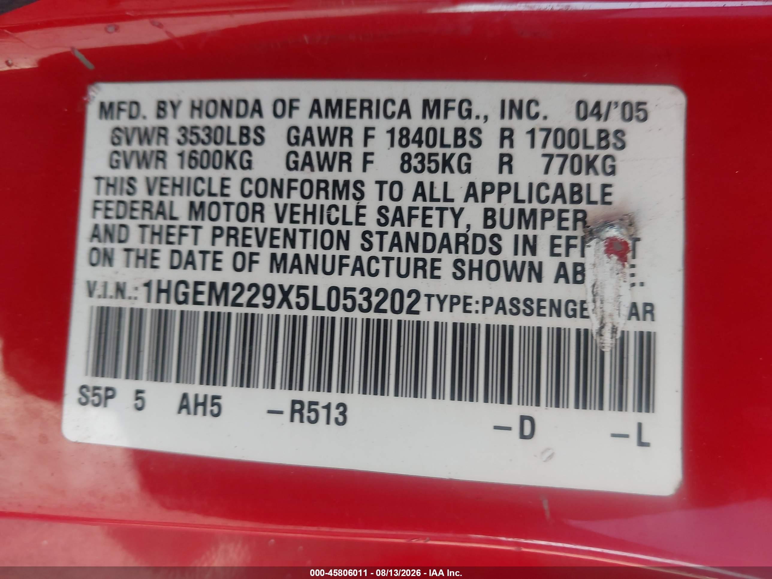 2005 Honda Civic Ex Red vin: 1HGEM229X5L053202