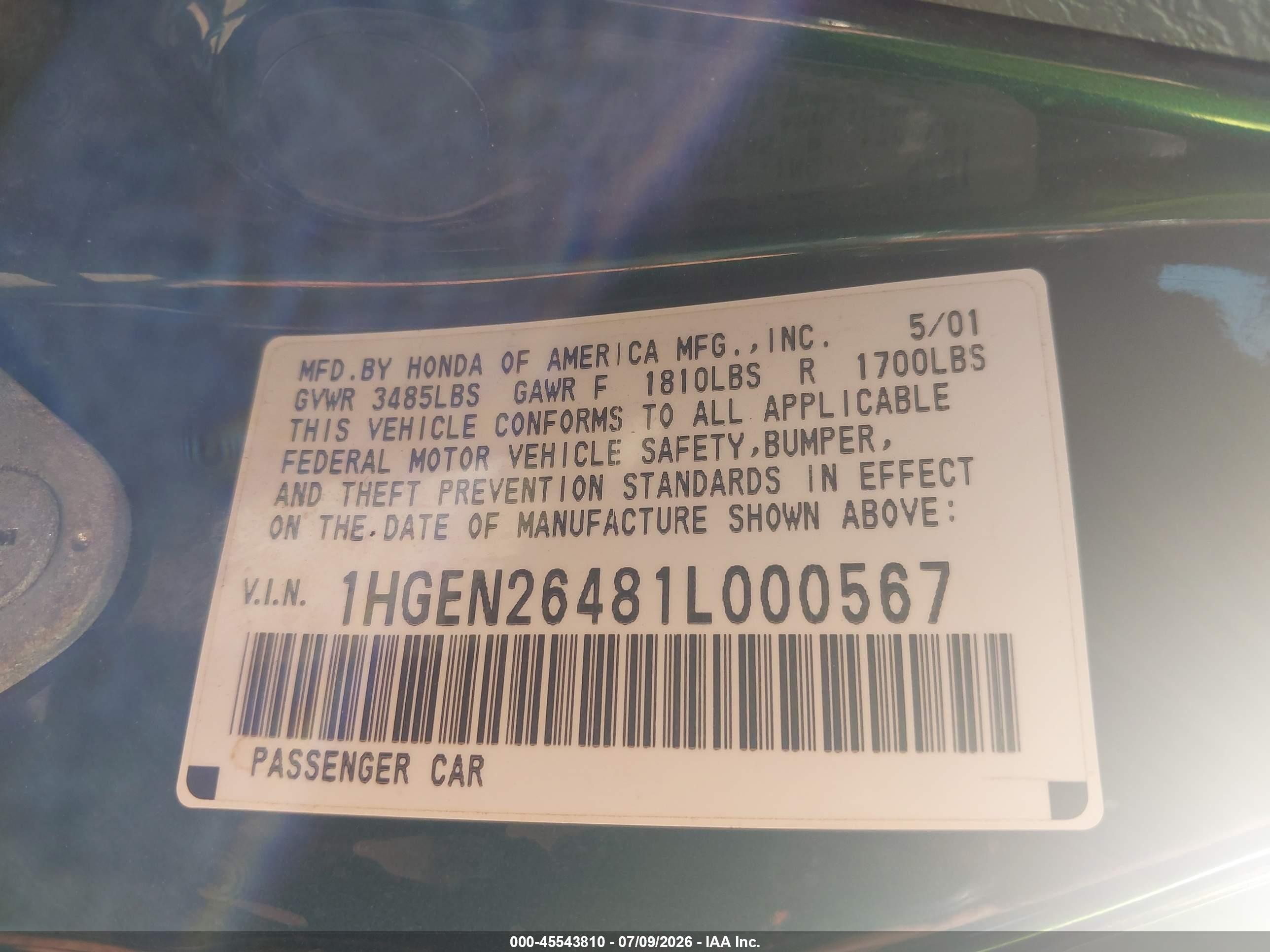 2001 Honda Civic   Green vin: 1HGEN26481L000567