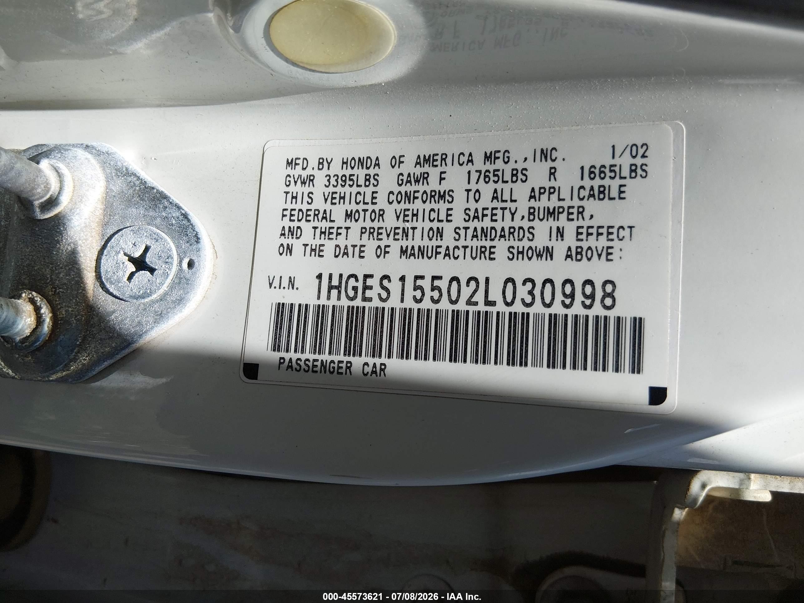 2002 Honda Civic Lx Белый vin: 1HGES15502L030998
