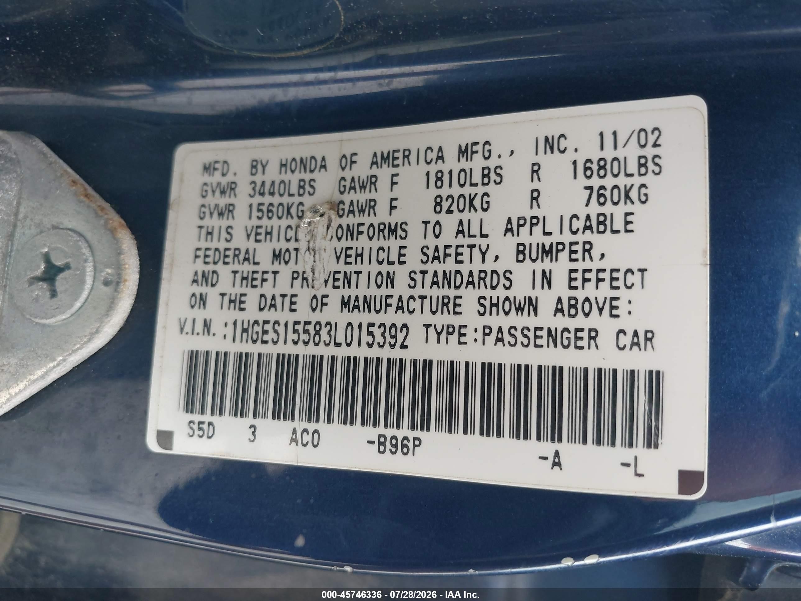 2003 Honda Civic Lx Blue vin: 1HGES15583L015392