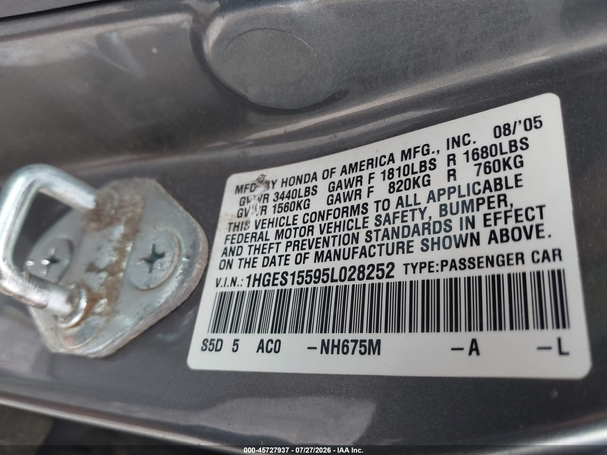 2005 Honda Civic Lx Gray vin: 1HGES15595L028252