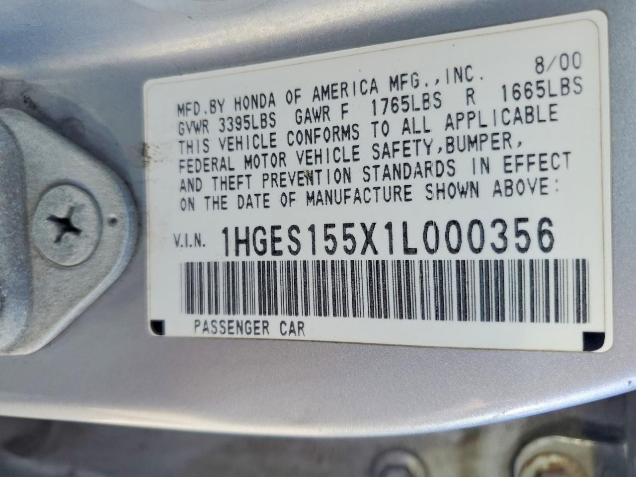 2001 Honda Civic Lx Gray vin: 1HGES155X1L000356