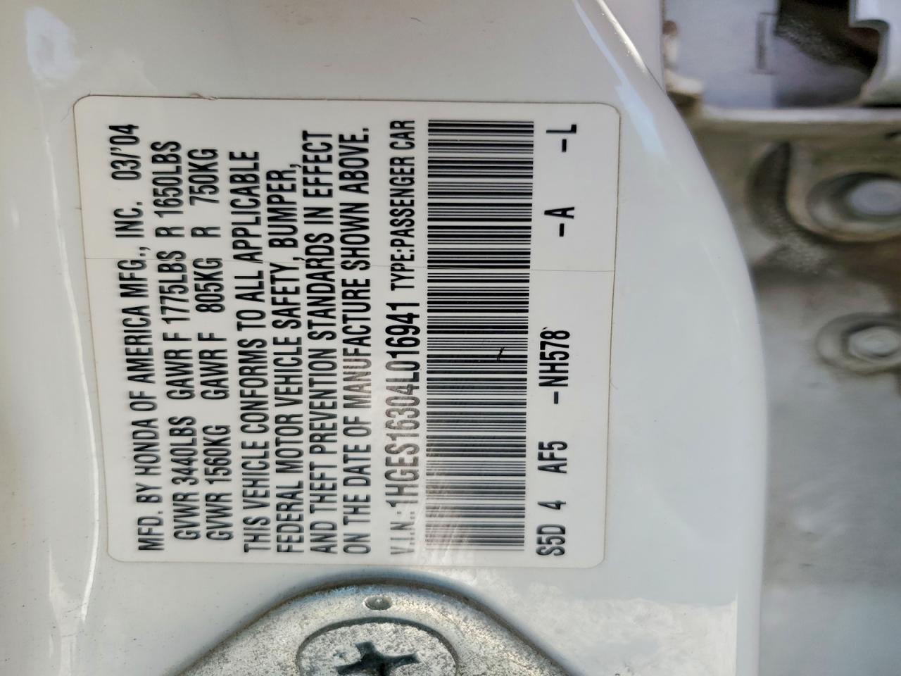 2004 Honda Civic Dx Vp White vin: 1HGES16304L016941