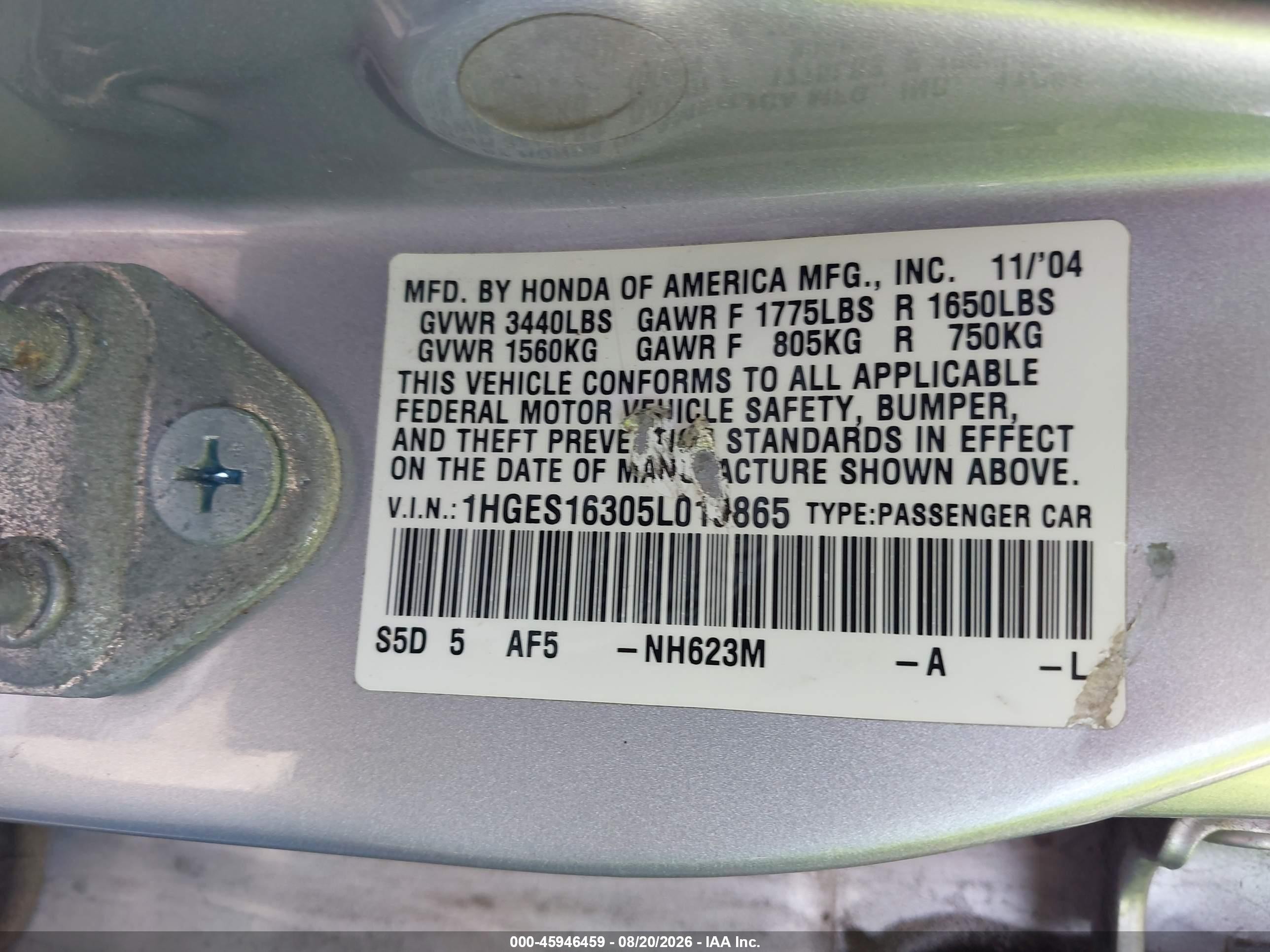 2005 Honda Civic Vp Silver vin: 1HGES16305L010865