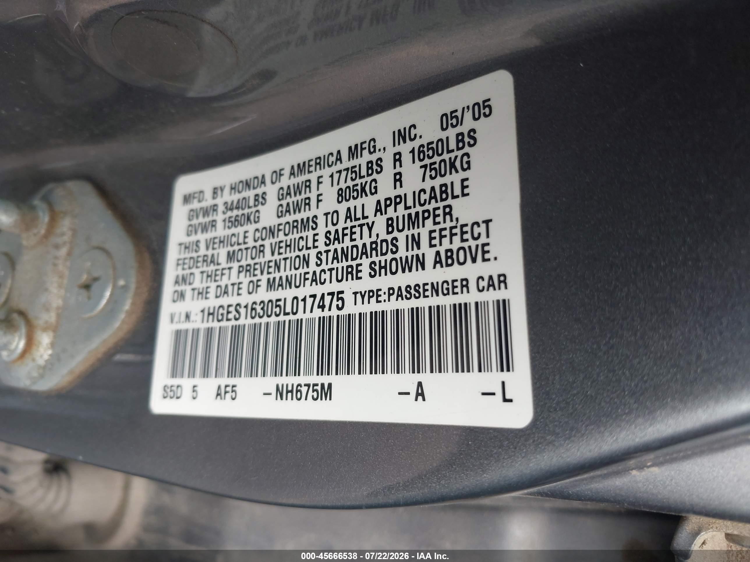 2005 Honda Civic Vp Серый vin: 1HGES16305L017475