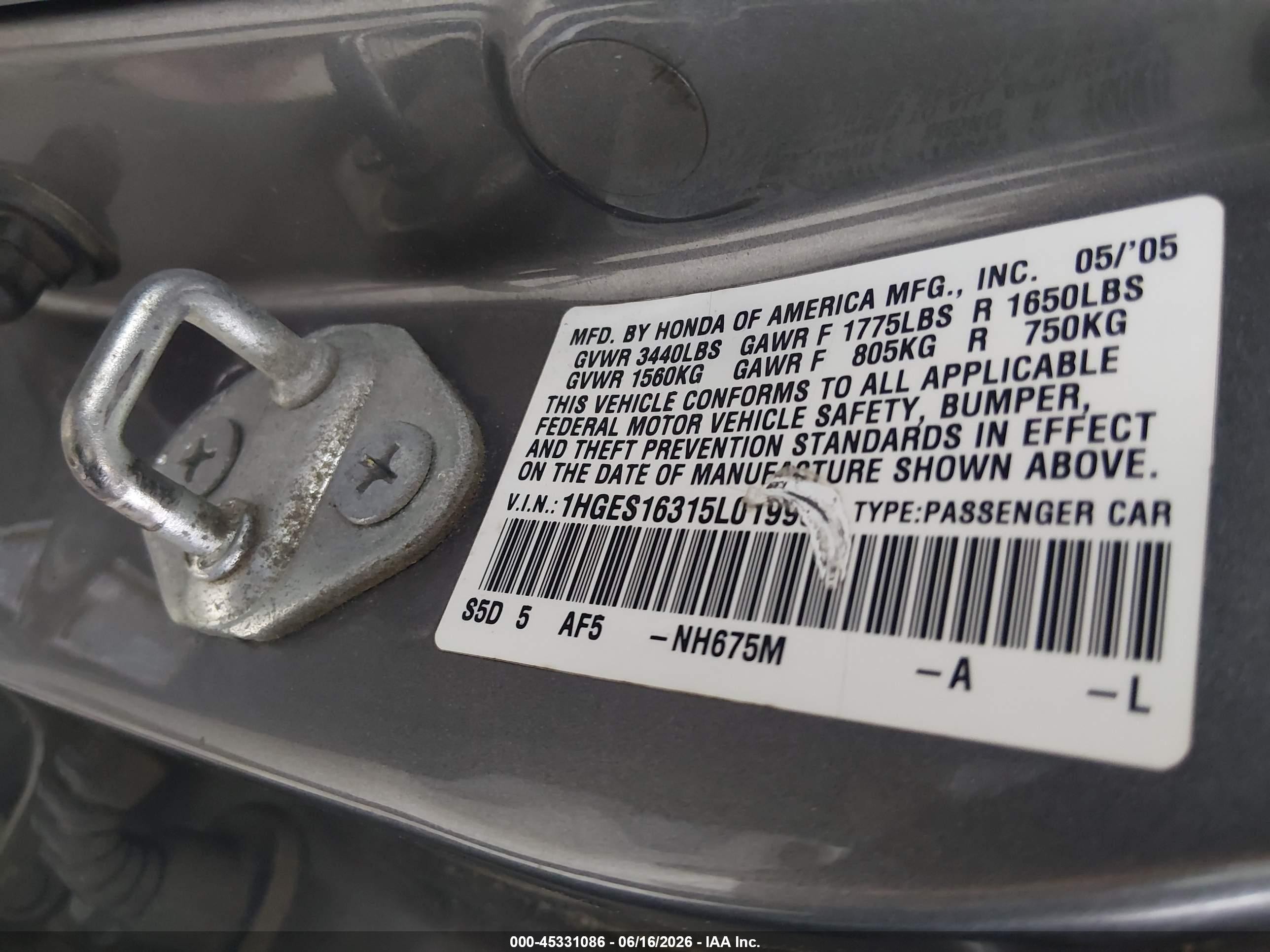 2005 Honda Civic Vp Gray vin: 1HGES16315L019901