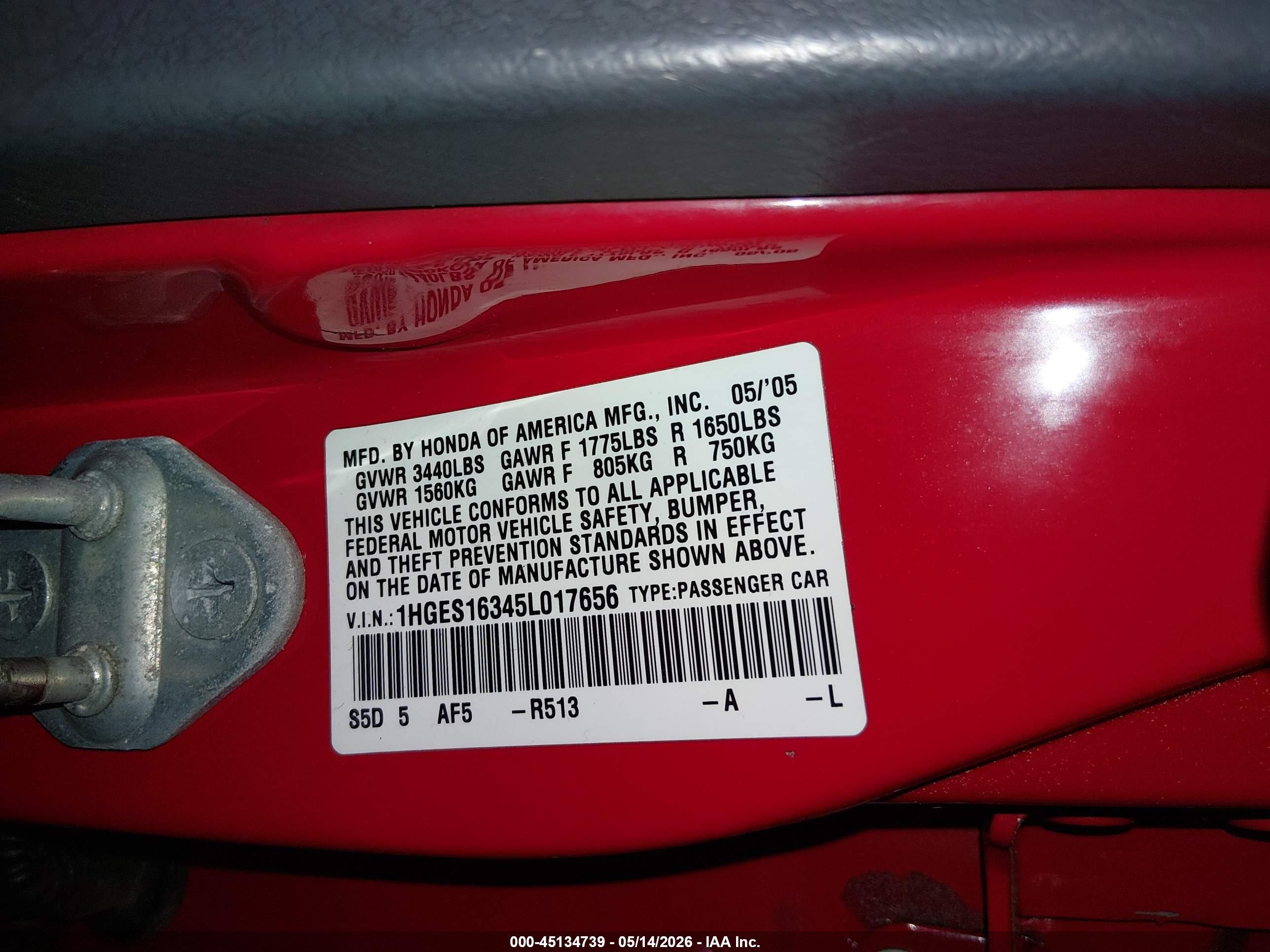 2005 Honda Civic Vp Red vin: 1HGES16345L017656