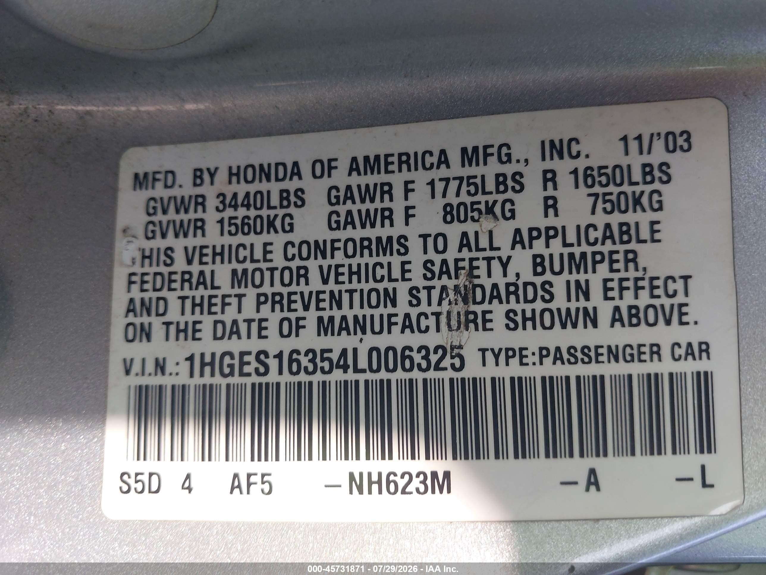 2004 Honda Civic Vp Silver vin: 1HGES16354L006325