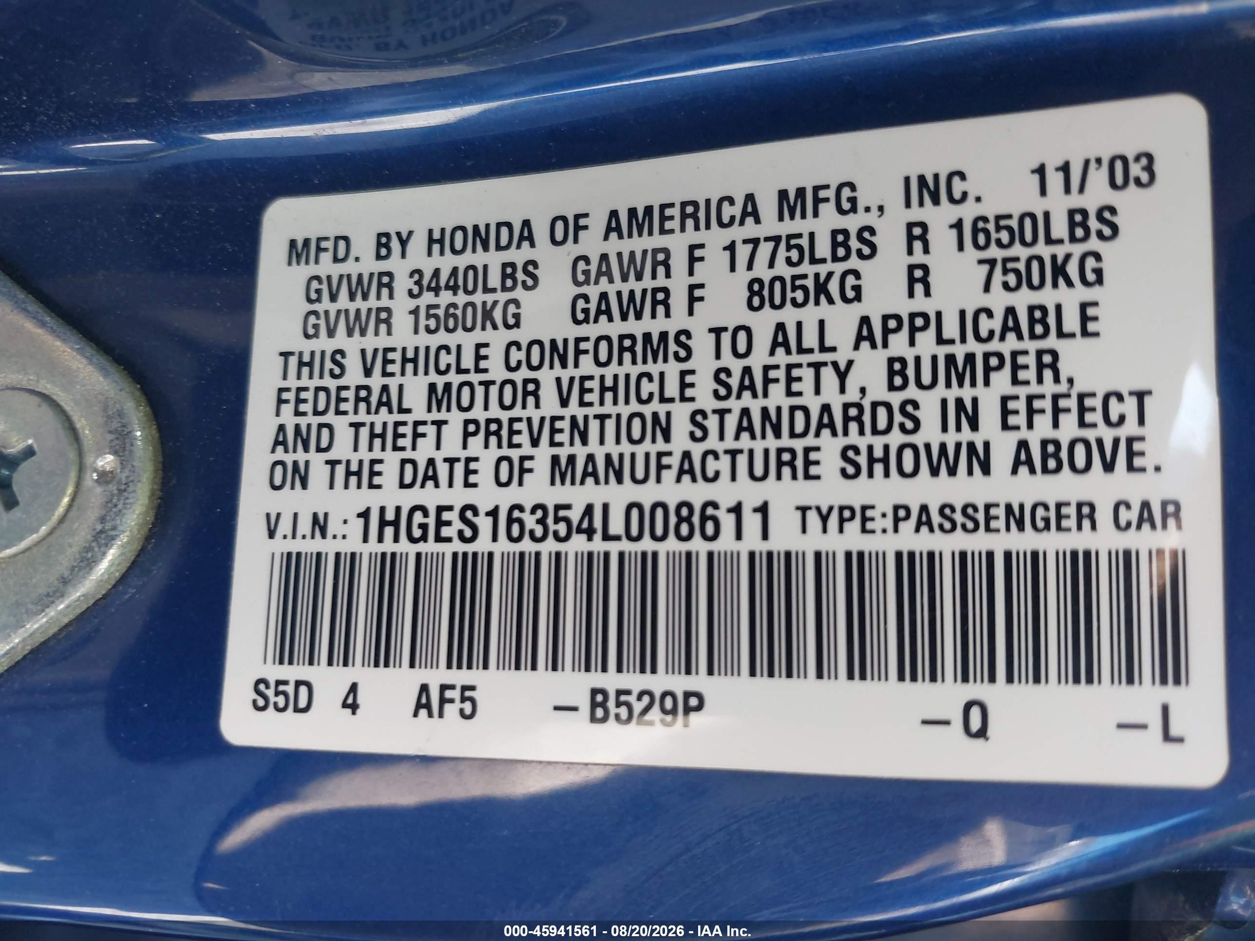 2004 Honda Civic Vp Blue vin: 1HGES16354L008611