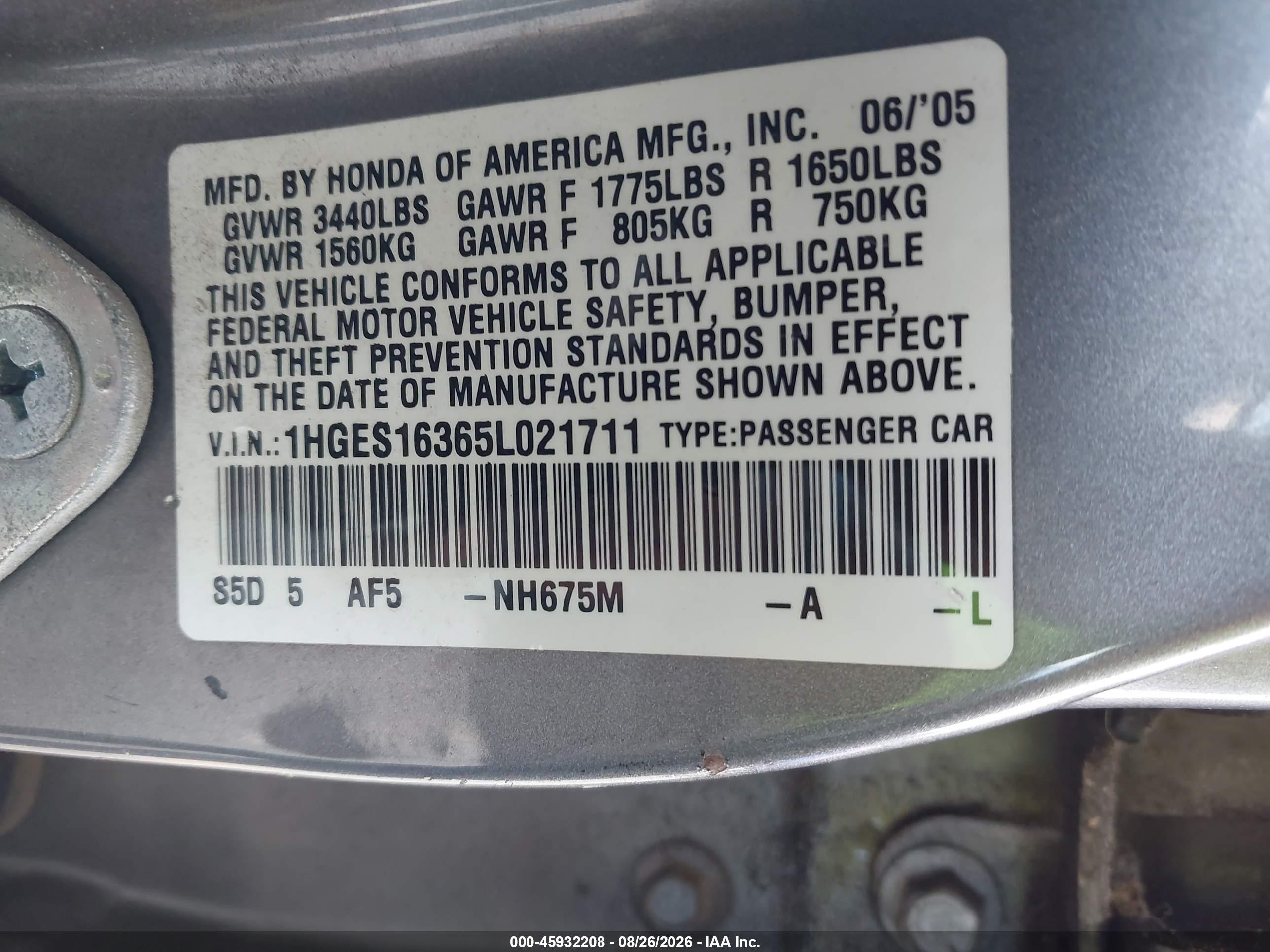 2005 Honda Civic Vp Серый vin: 1HGES16365L021711