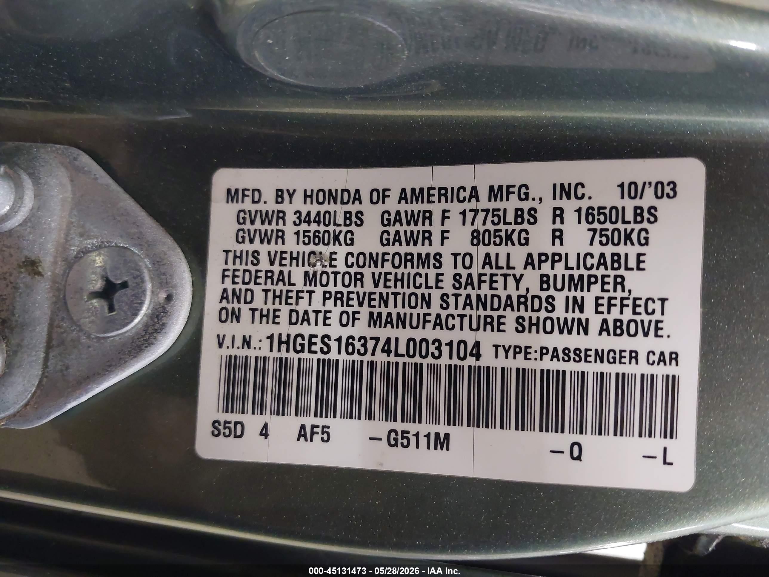 2004 Honda Civic Vp Green vin: 1HGES16374L003104