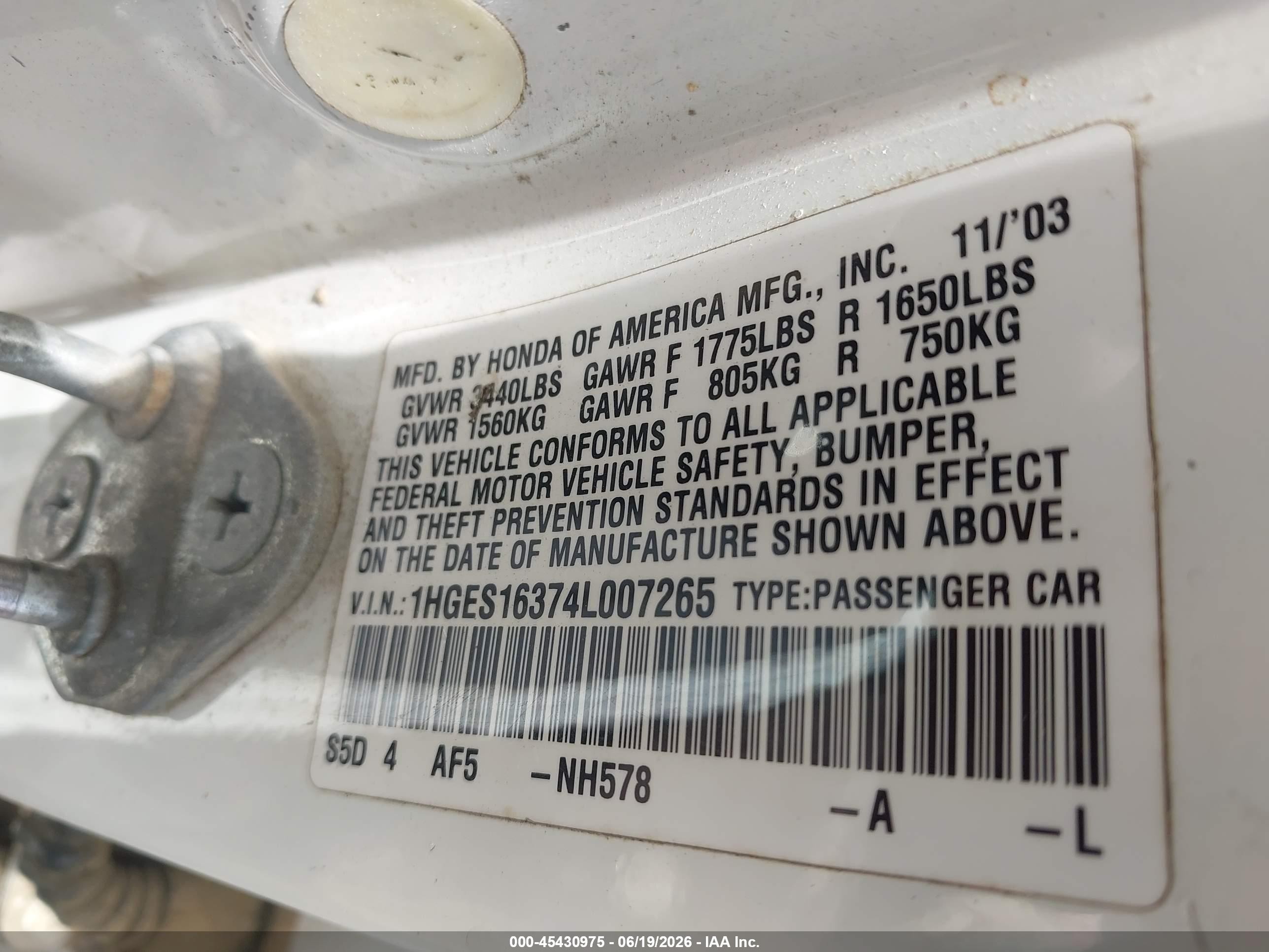 2004 Honda Civic Vp White vin: 1HGES16374L007265