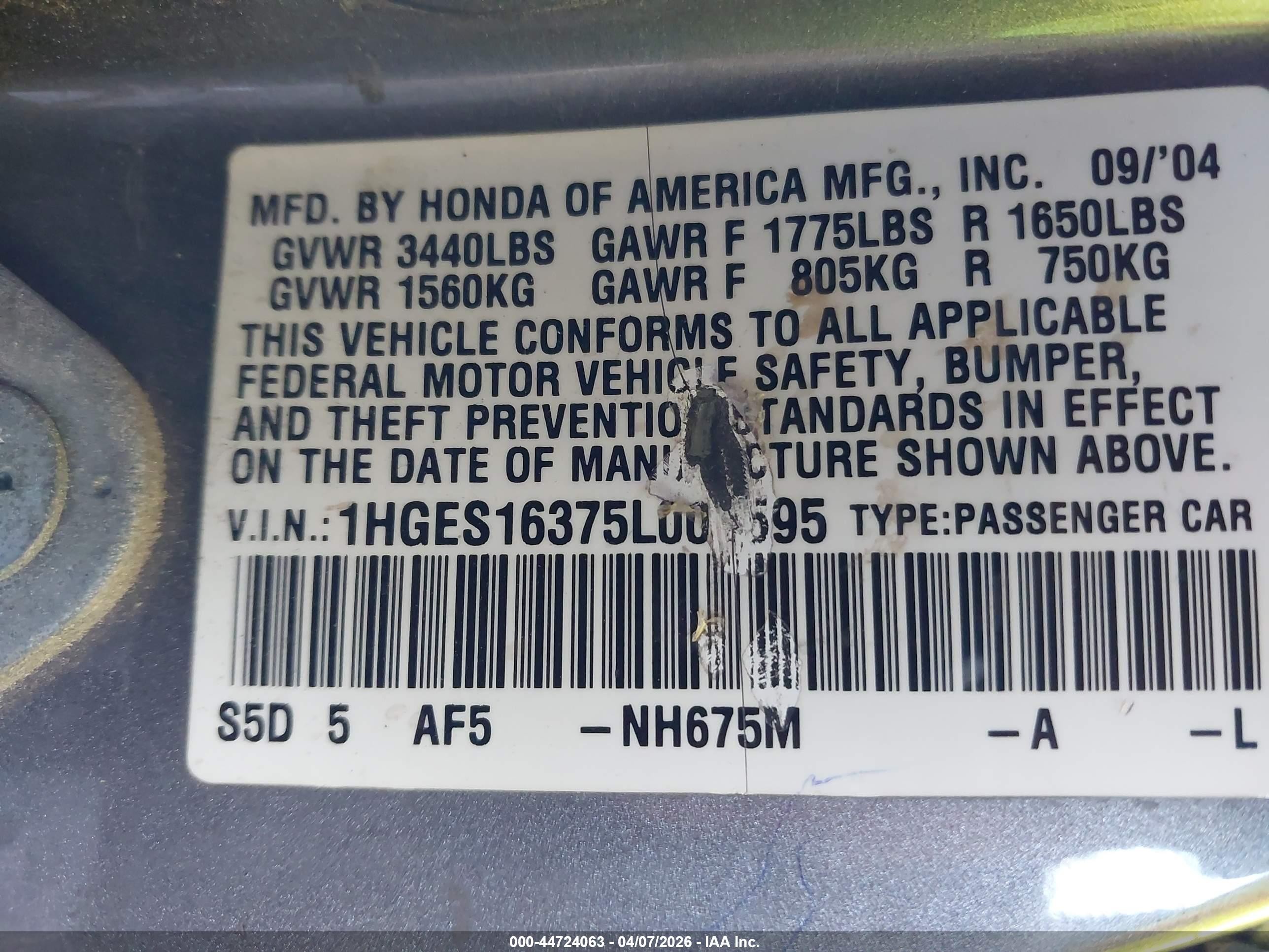 2005 Honda Civic Vp Silver vin: 1HGES16375L001595
