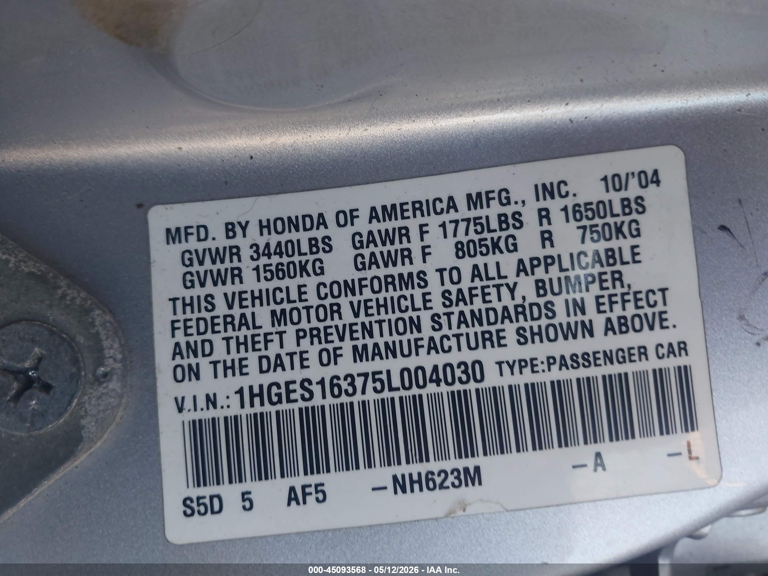 2005 Honda Civic Vp Silver vin: 1HGES16375L004030