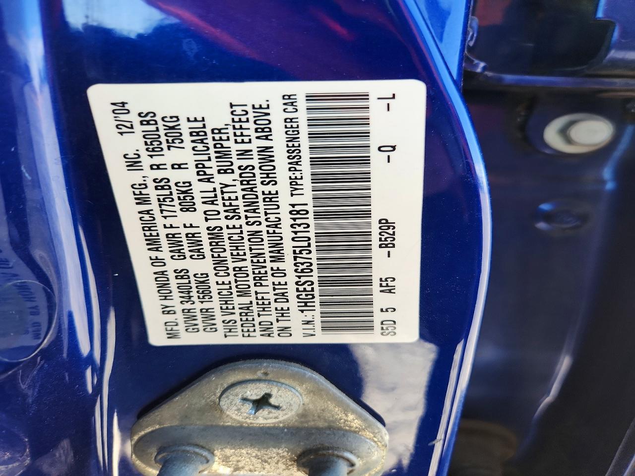 2005 Honda Civic Dx Vp Blue vin: 1HGES16375L013181