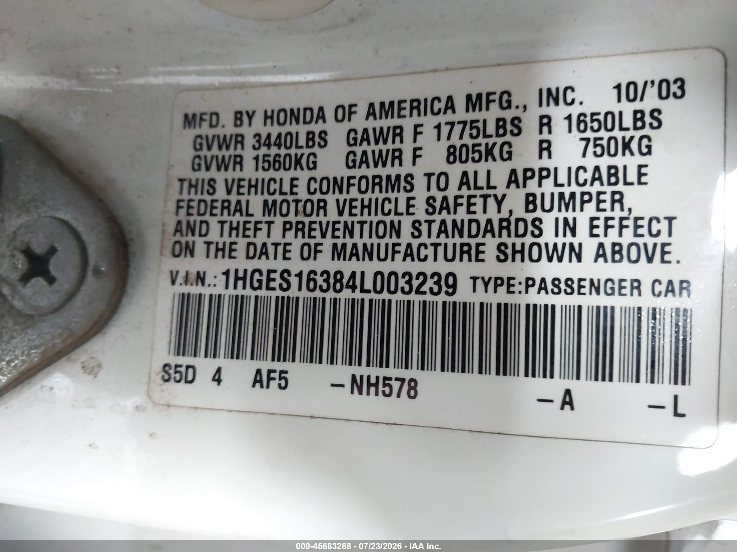 2004 Honda Civic Vp White vin: 1HGES16384L003239
