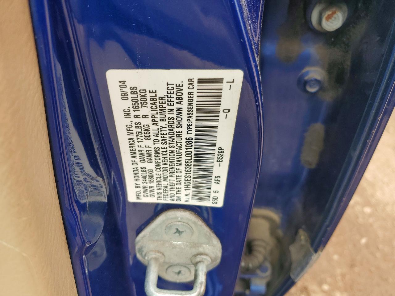 2005 Honda Civic Dx Vp Blue vin: 1HGES16385L001086