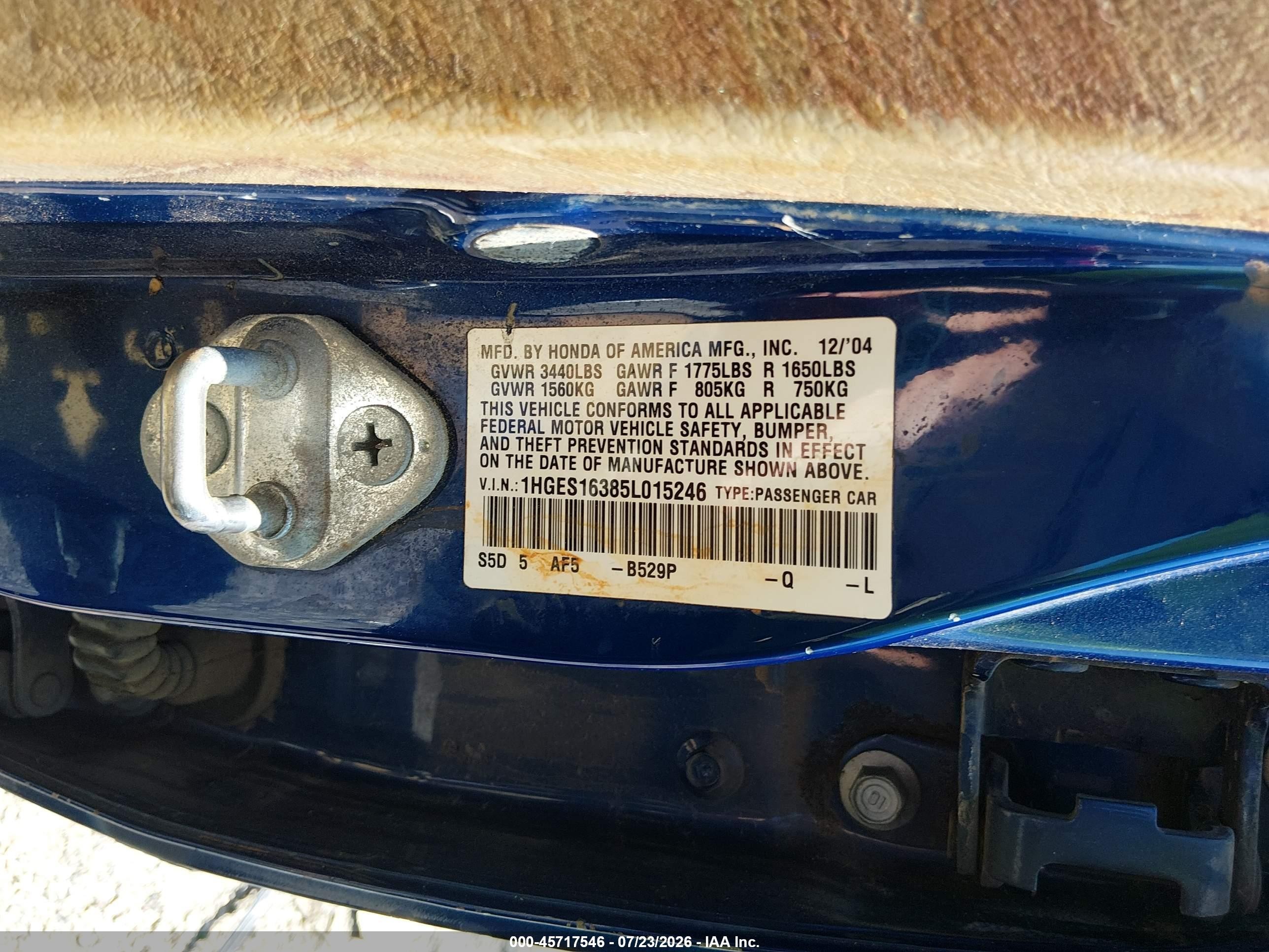 2005 Honda Civic Vp Blue vin: 1HGES16385L015246