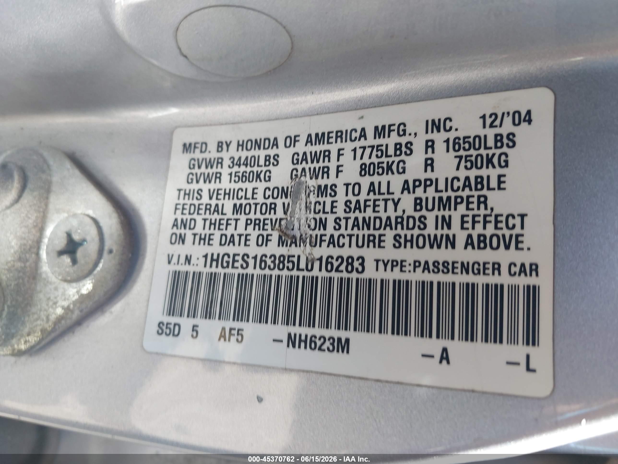 2005 Honda Civic Vp Silver vin: 1HGES16385L016283