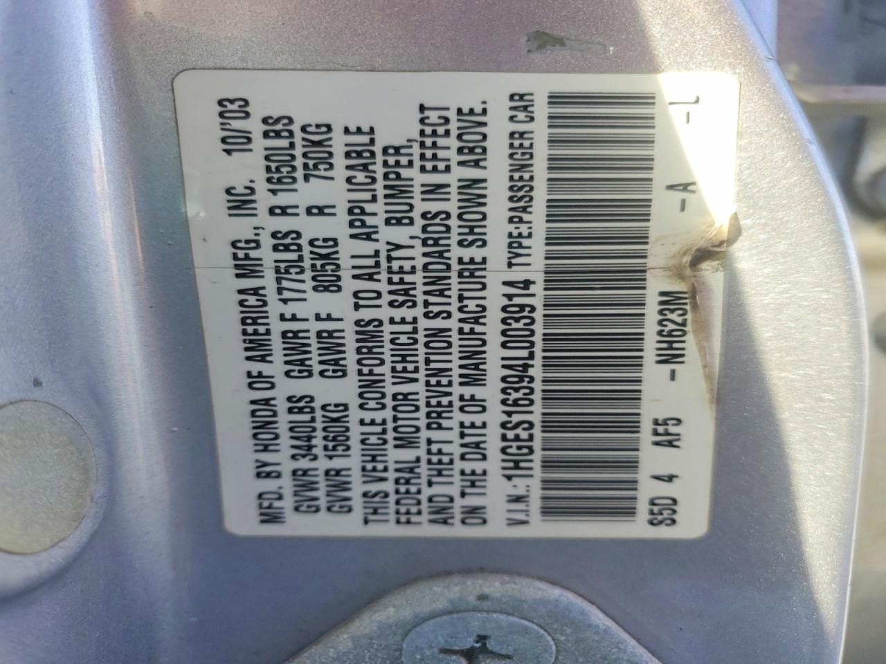 2004 Honda Civic Dx Vp Gray vin: 1HGES16394L003914