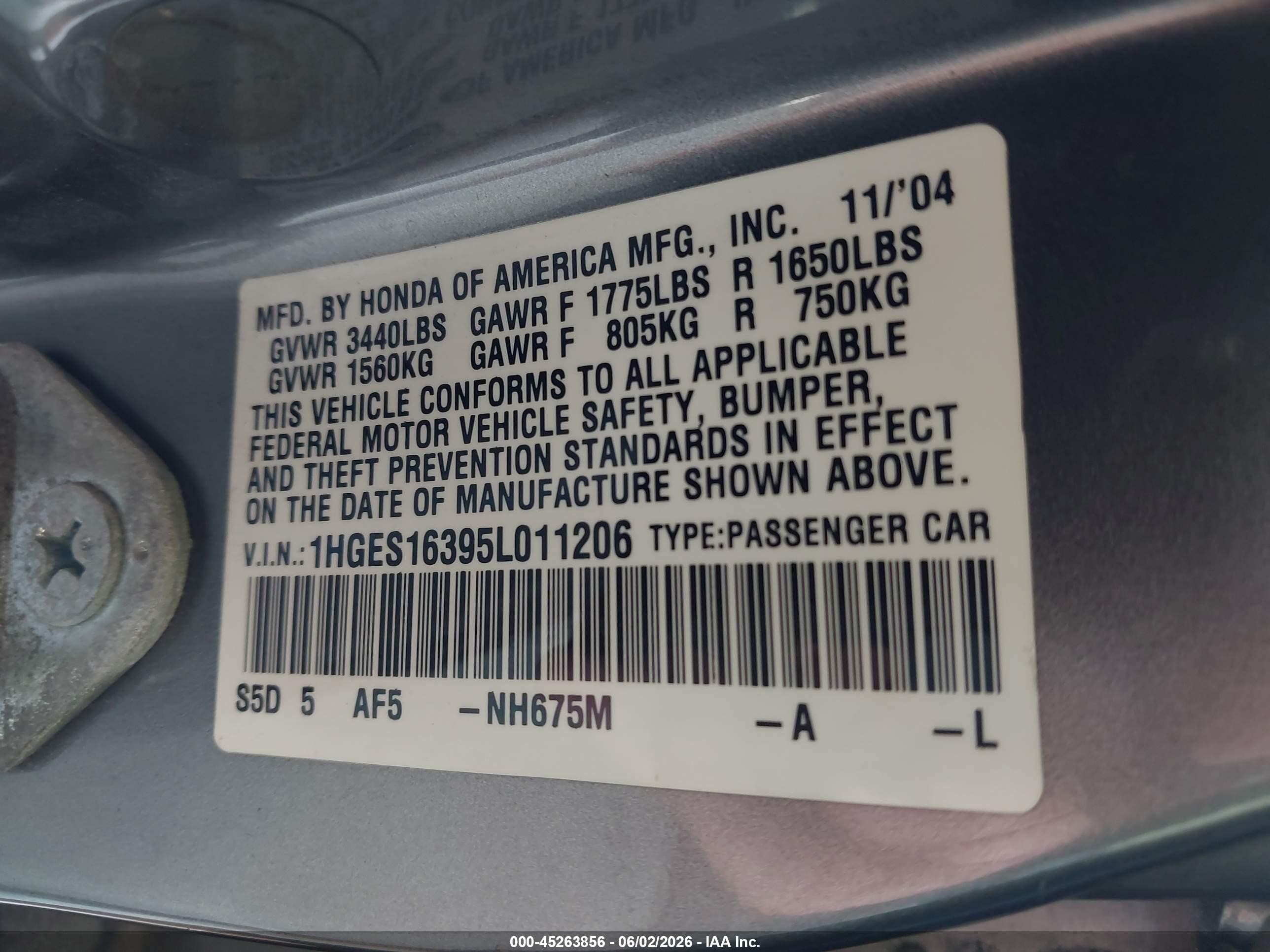 2005 Honda Civic Vp Gray vin: 1HGES16395L011206