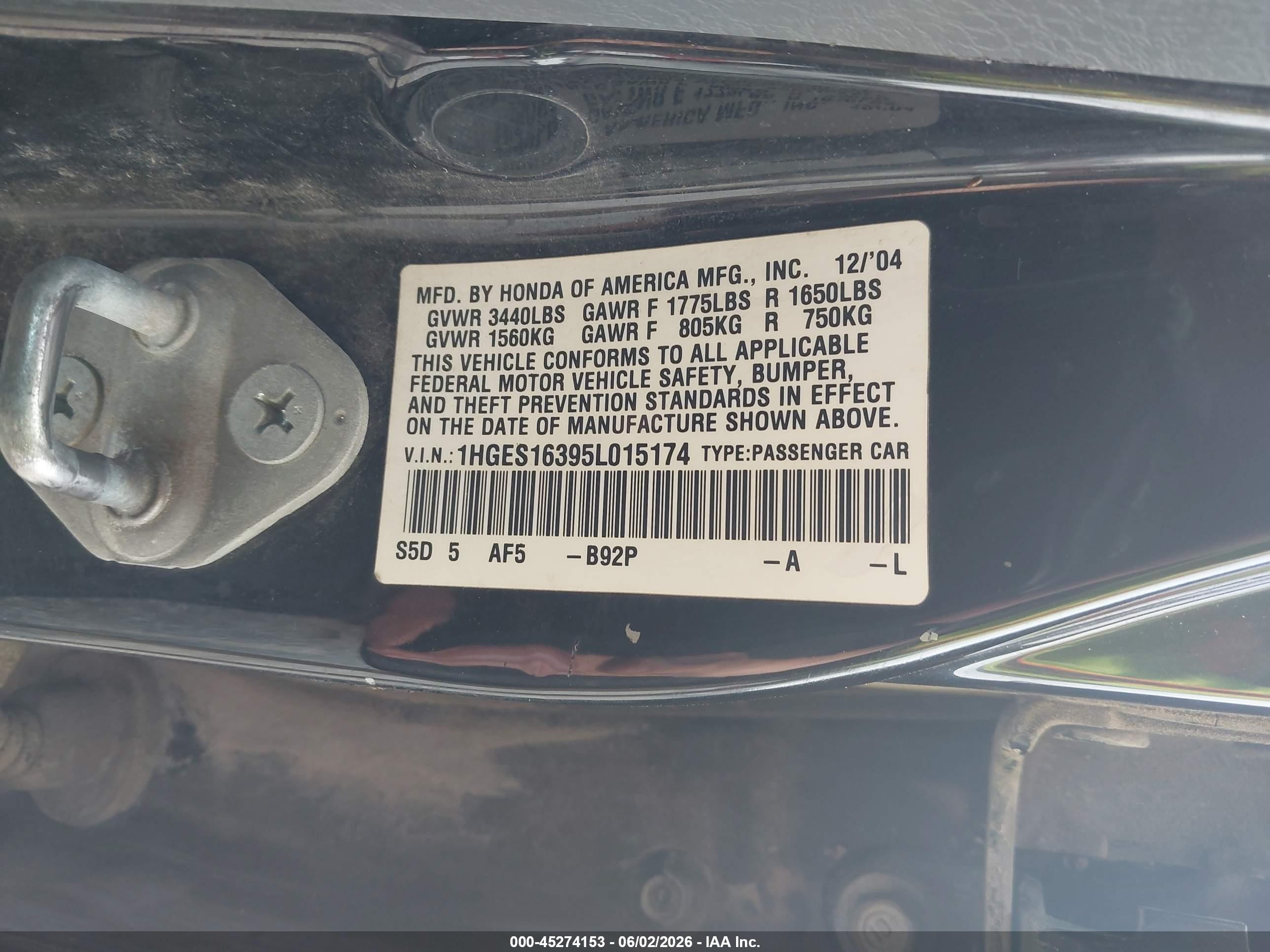 2005 Honda Civic Vp Black vin: 1HGES16395L015174