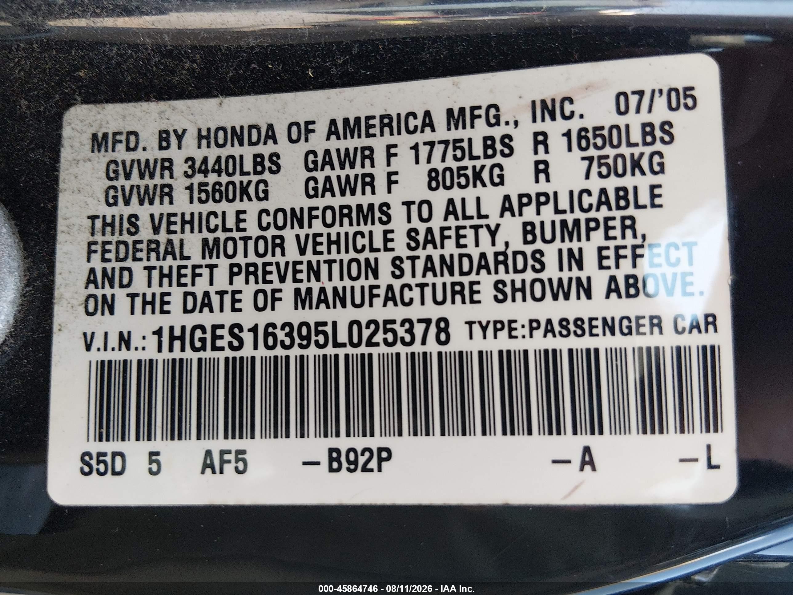 2005 Honda Civic Vp Black vin: 1HGES16395L025378