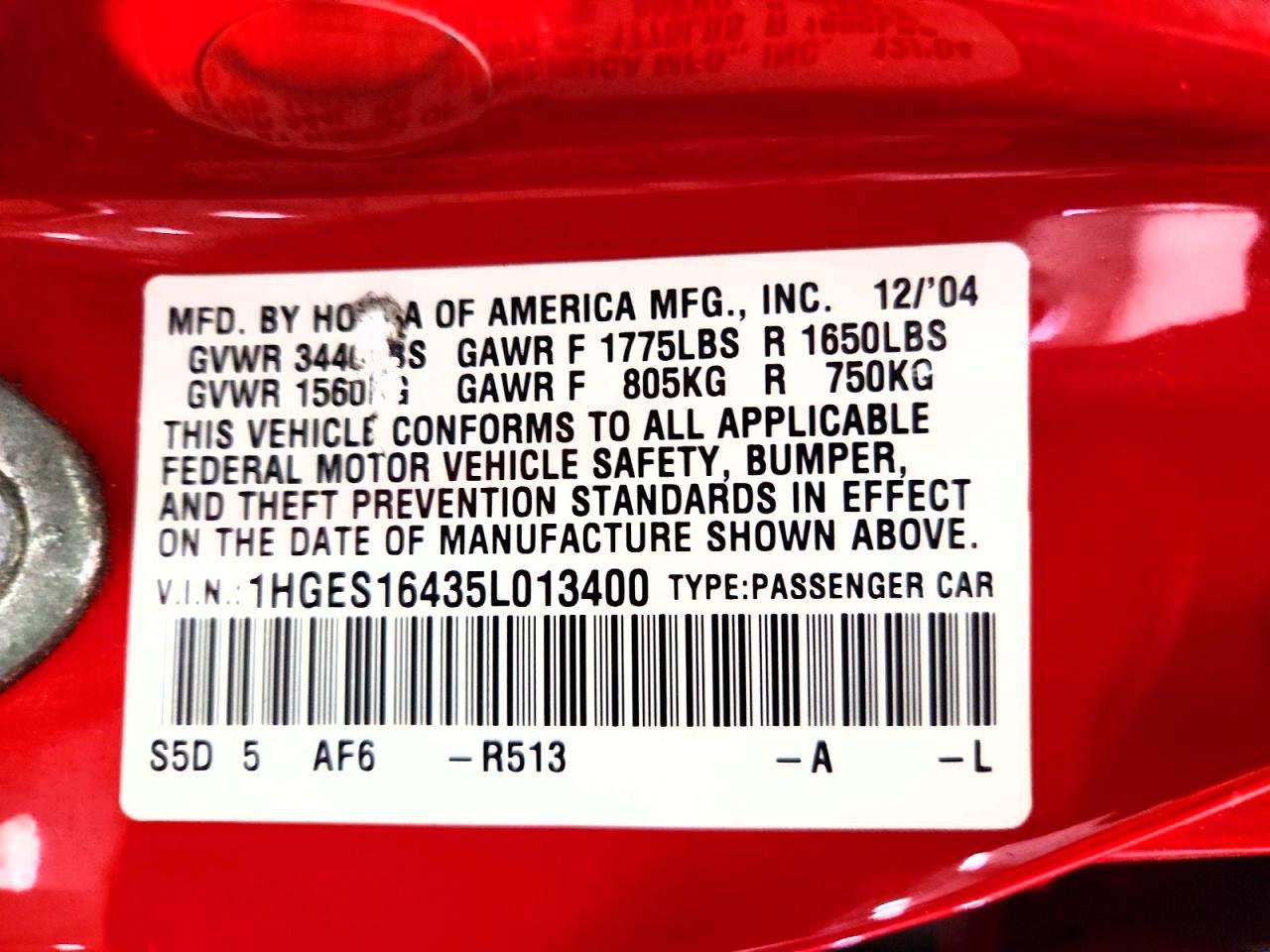 2005 Honda Civic Dx Red vin: 1HGES16435L013400