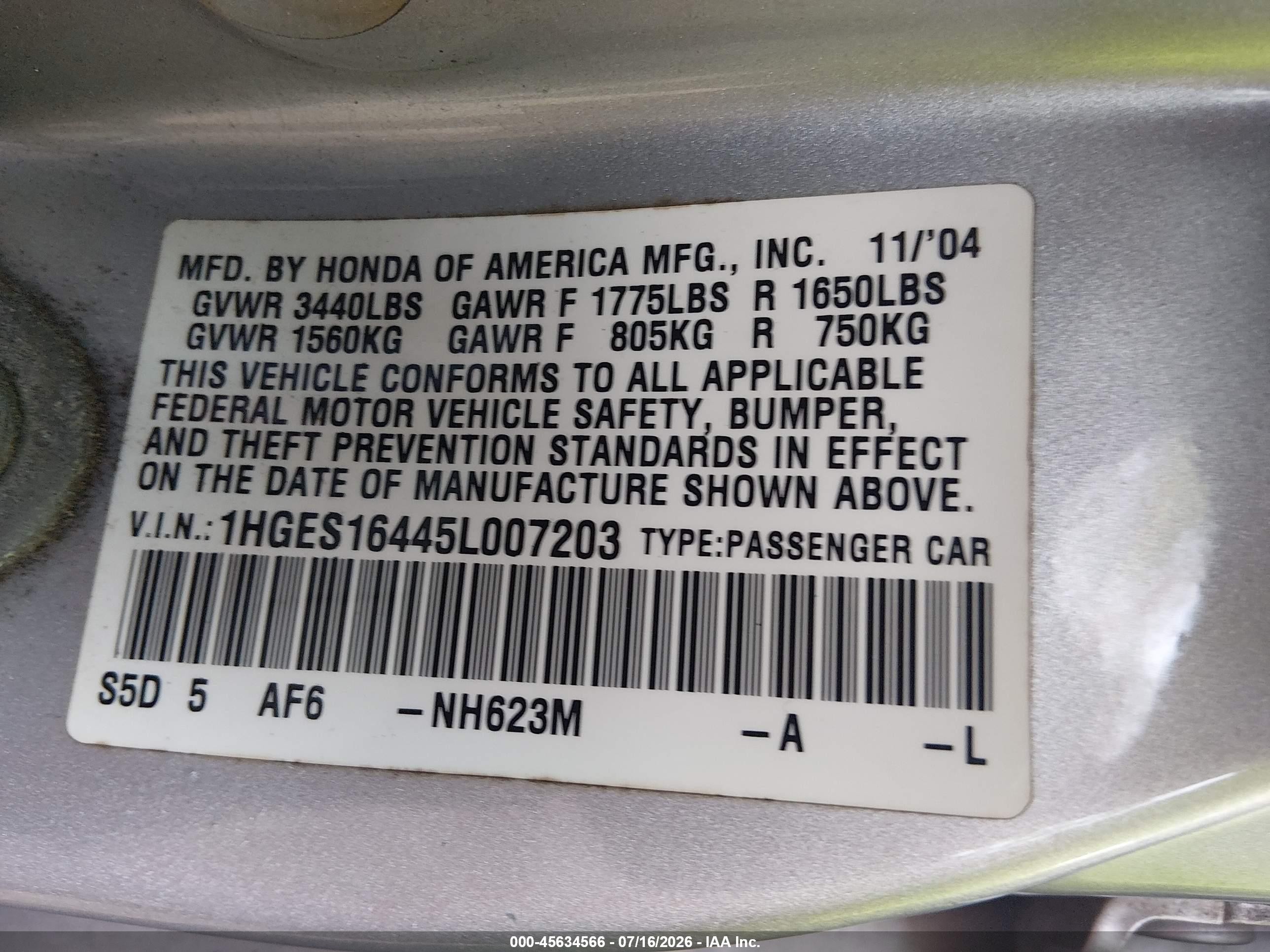 2005 Honda Civic Vp Silver vin: 1HGES16445L007203