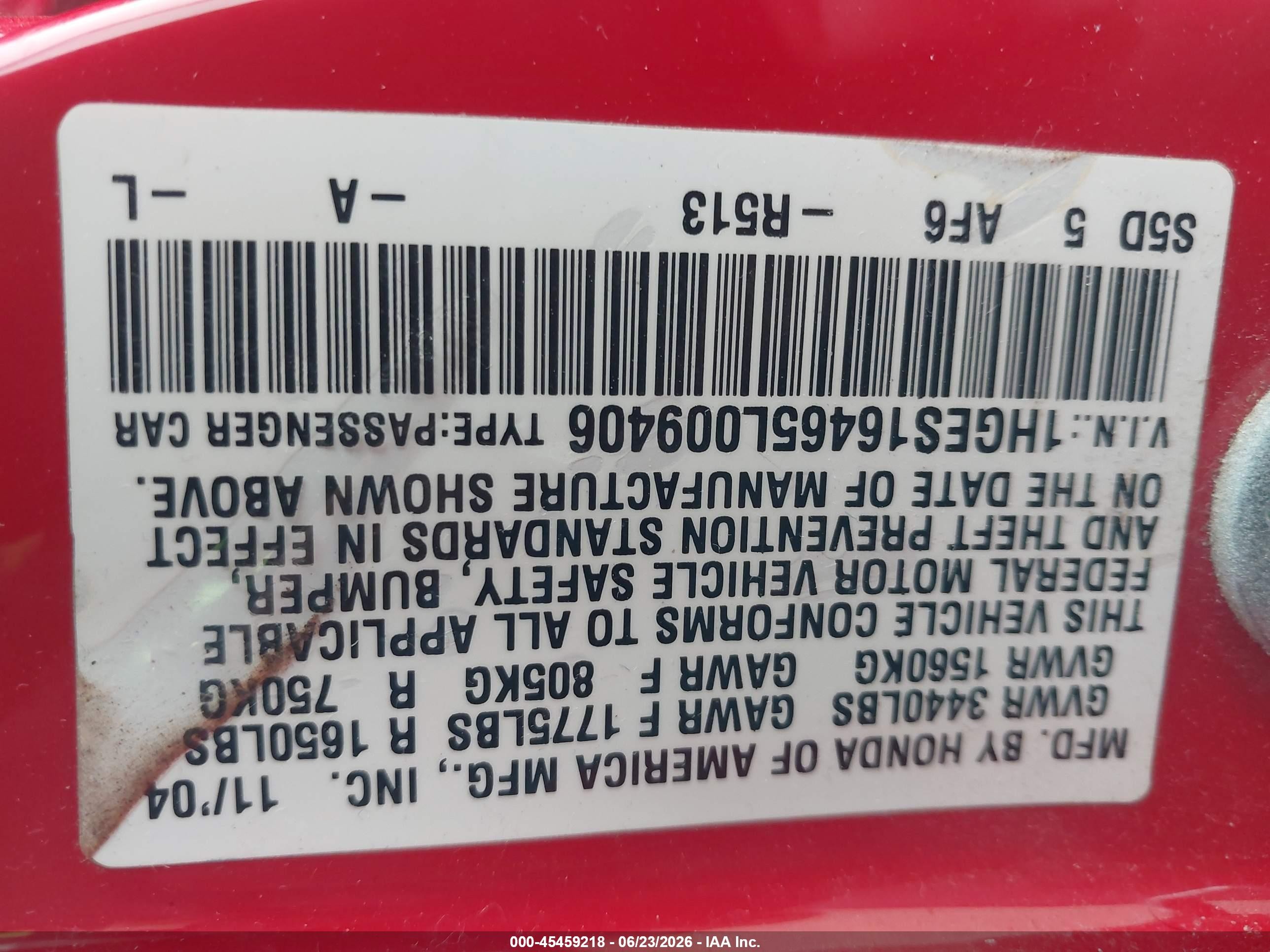 2005 Honda Civic Vp Red vin: 1HGES16465L009406