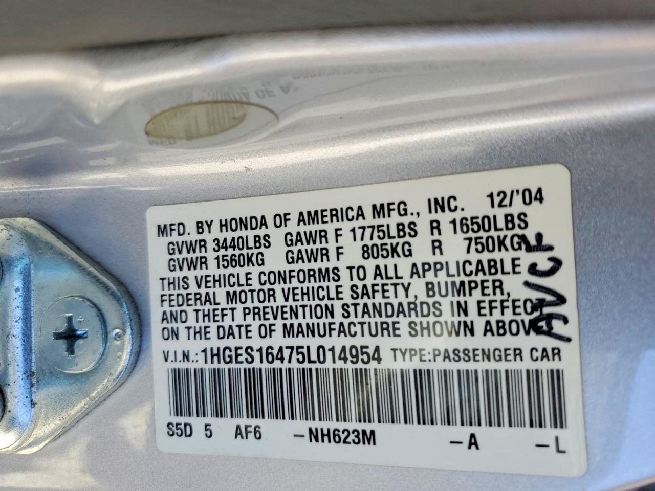 2005 Honda Civic Dx Silver vin: 1HGES16475L014954