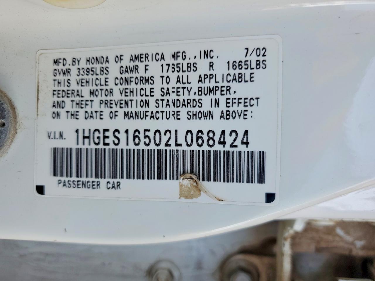 2002 Honda Civic Lx White vin: 1HGES16502L068424