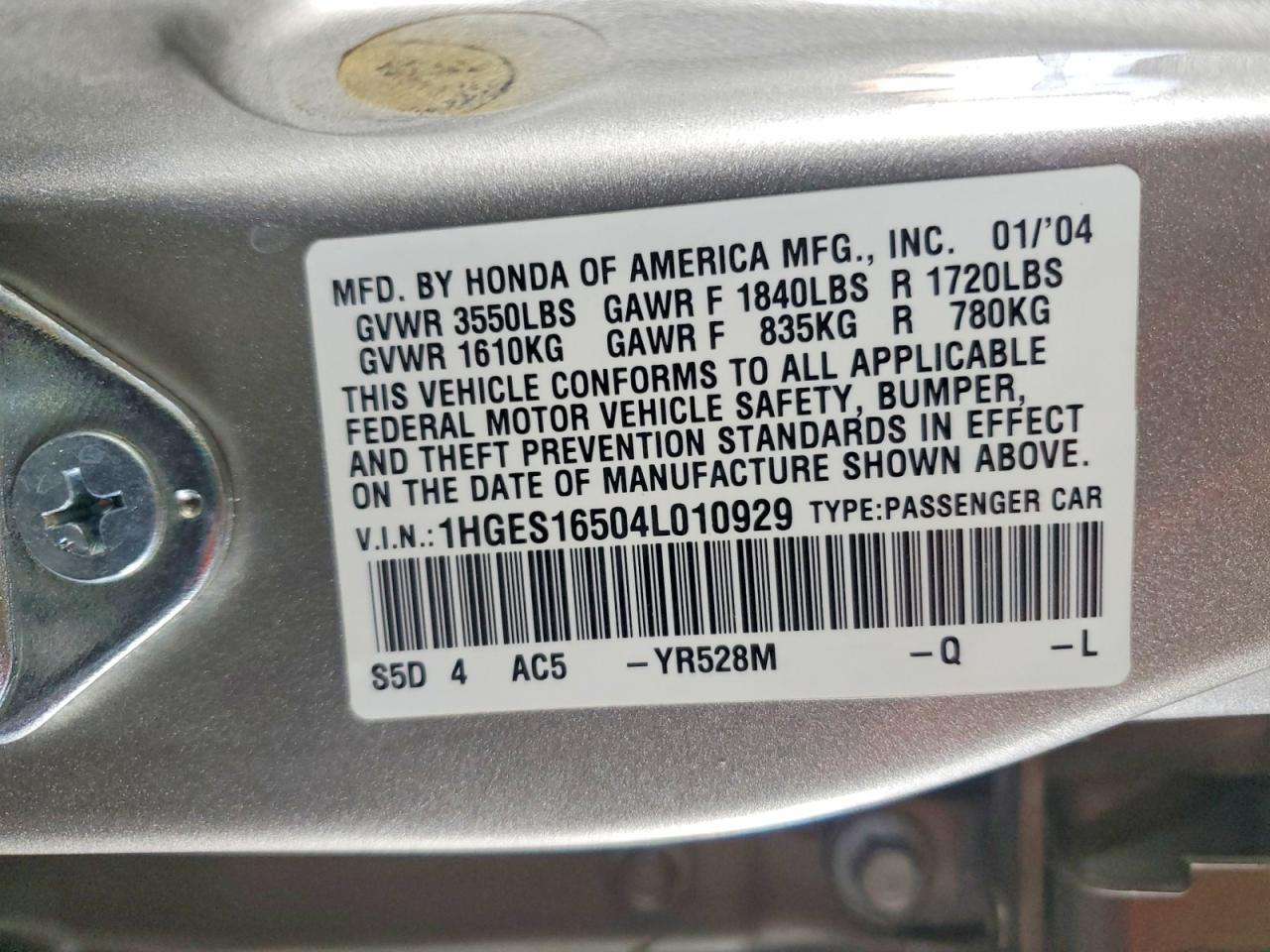 2004 Honda Civic Lx Gray vin: 1HGES16504L010929
