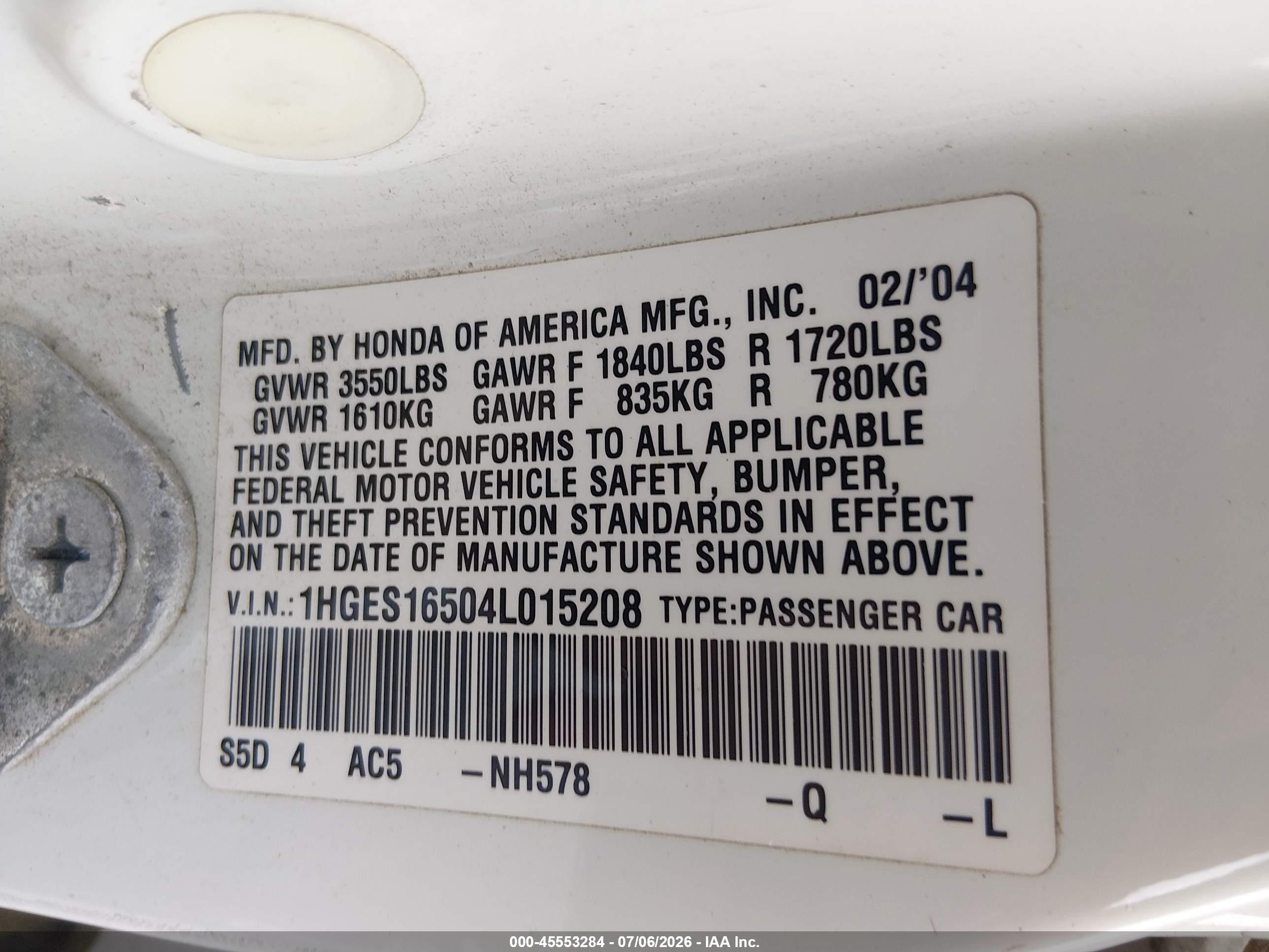 2004 Honda Civic Lx White vin: 1HGES16504L015208