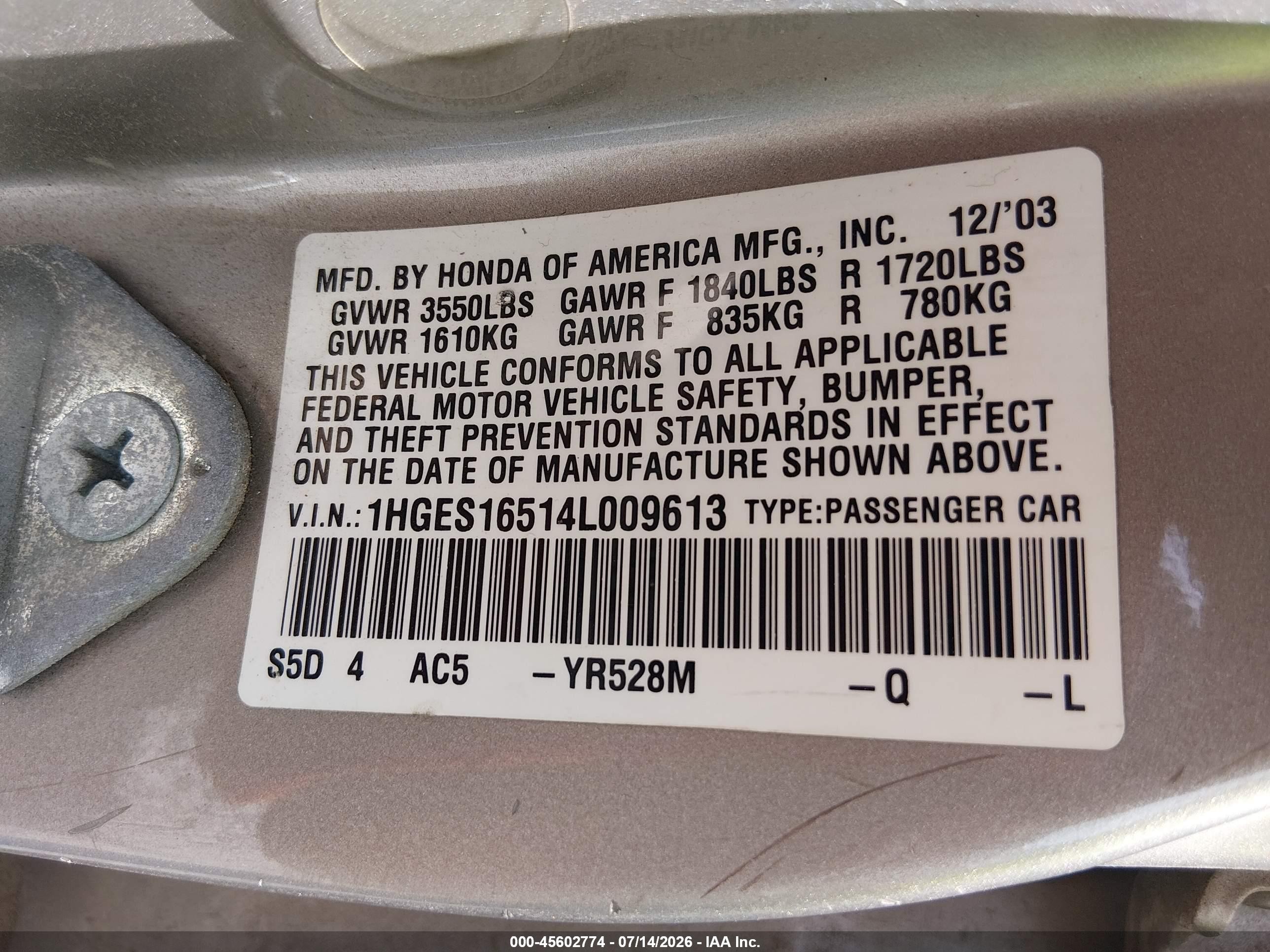 2004 Honda Civic Lx Gray vin: 1HGES16514L009613