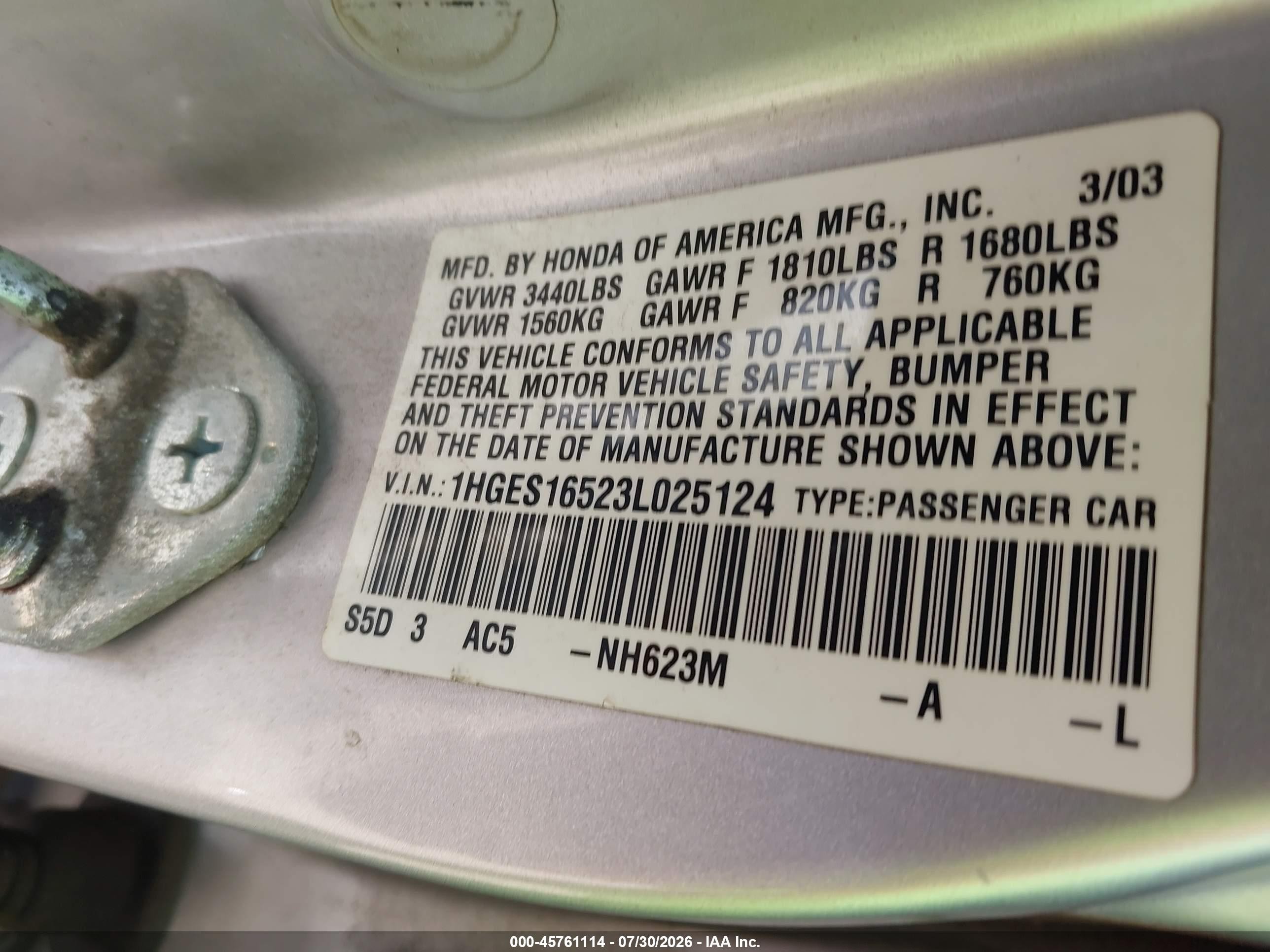 2003 Honda Civic Lx Silver vin: 1HGES16523L025124