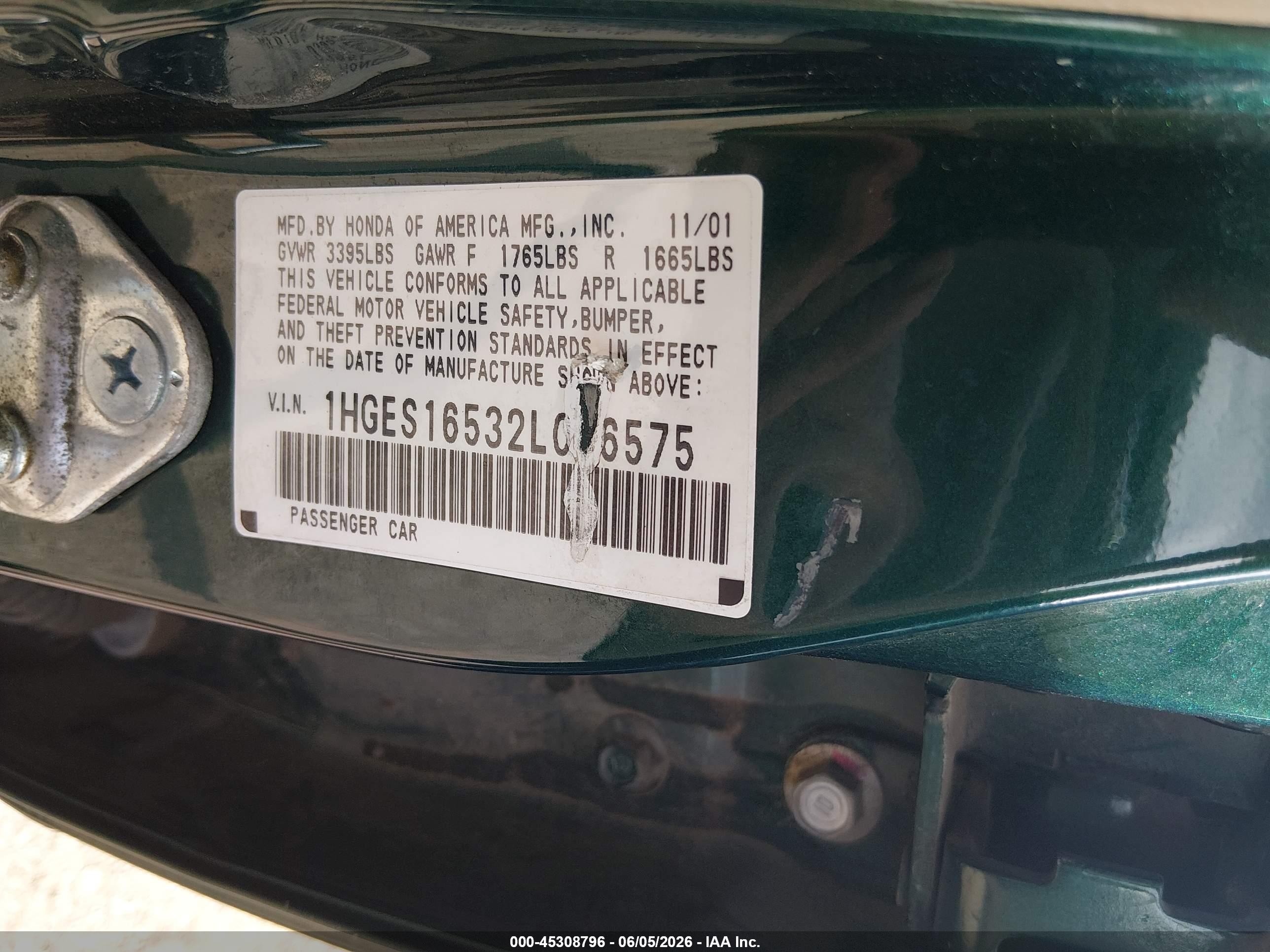 2002 Honda Civic Lx Green vin: 1HGES16532L016575