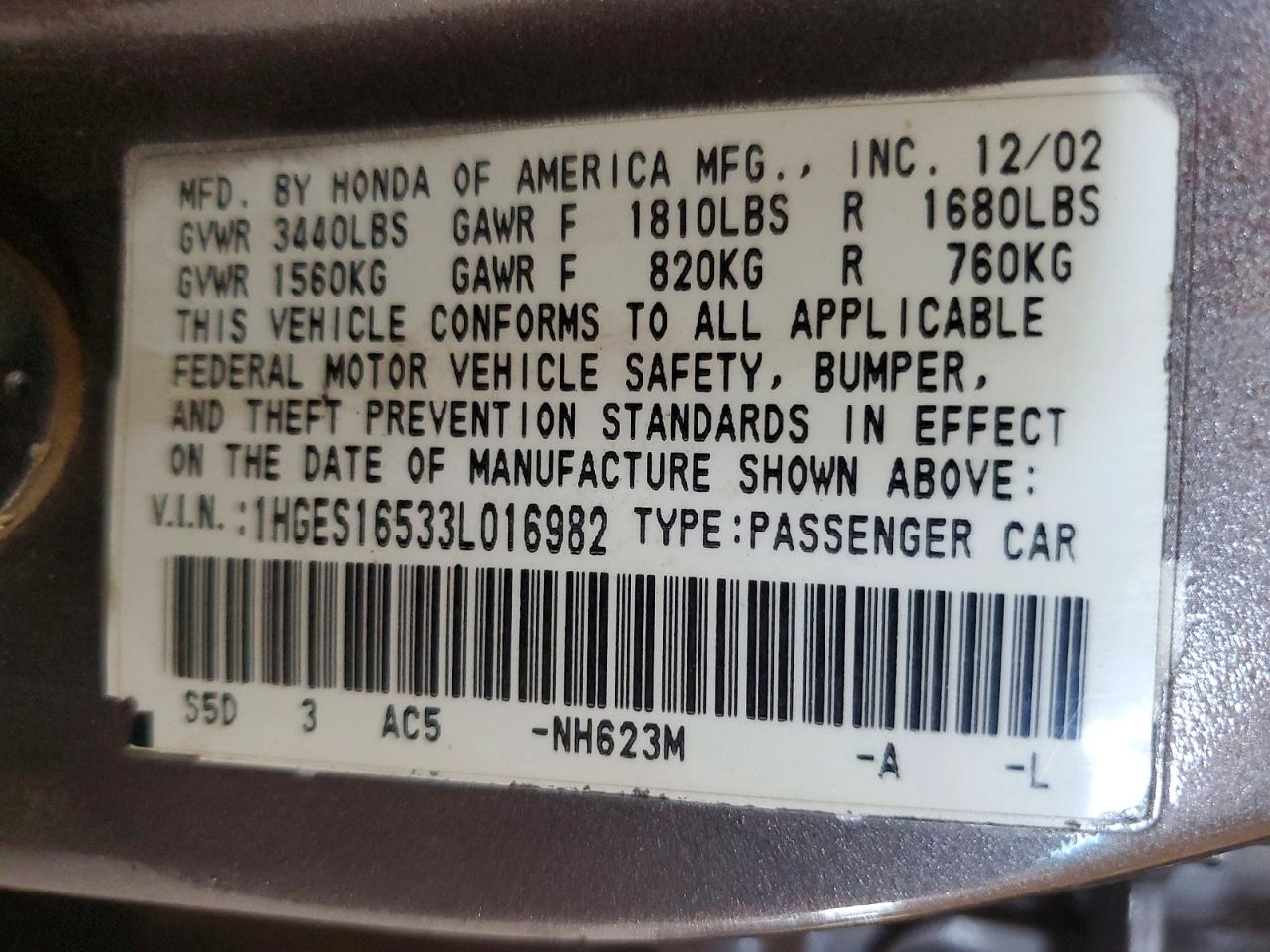 2003 Honda Civic Lx Gray vin: 1HGES16533L016982
