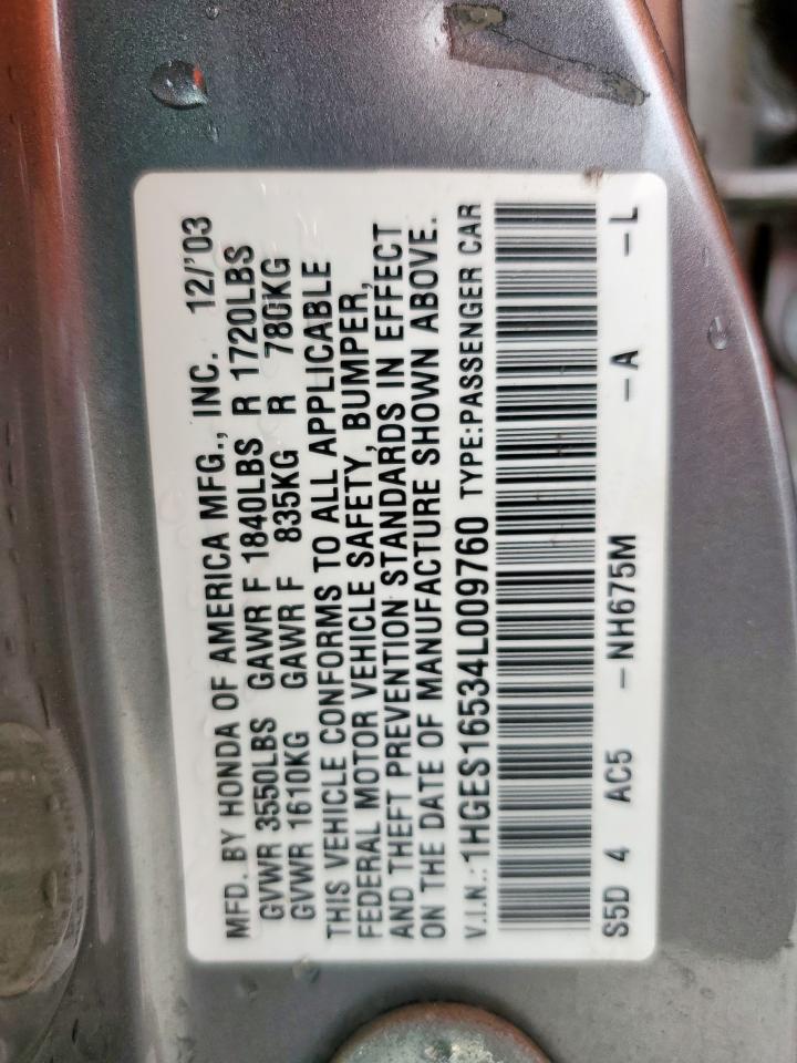 2004 Honda Civic Lx Gray vin: 1HGES16534L009760